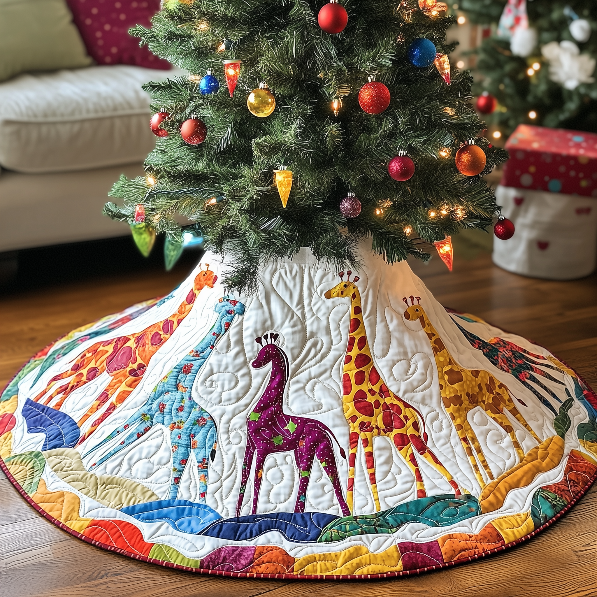Colorful Giraffes Christmas Quilted Tree Skirt Decorations Gifts With Giraffes On Them