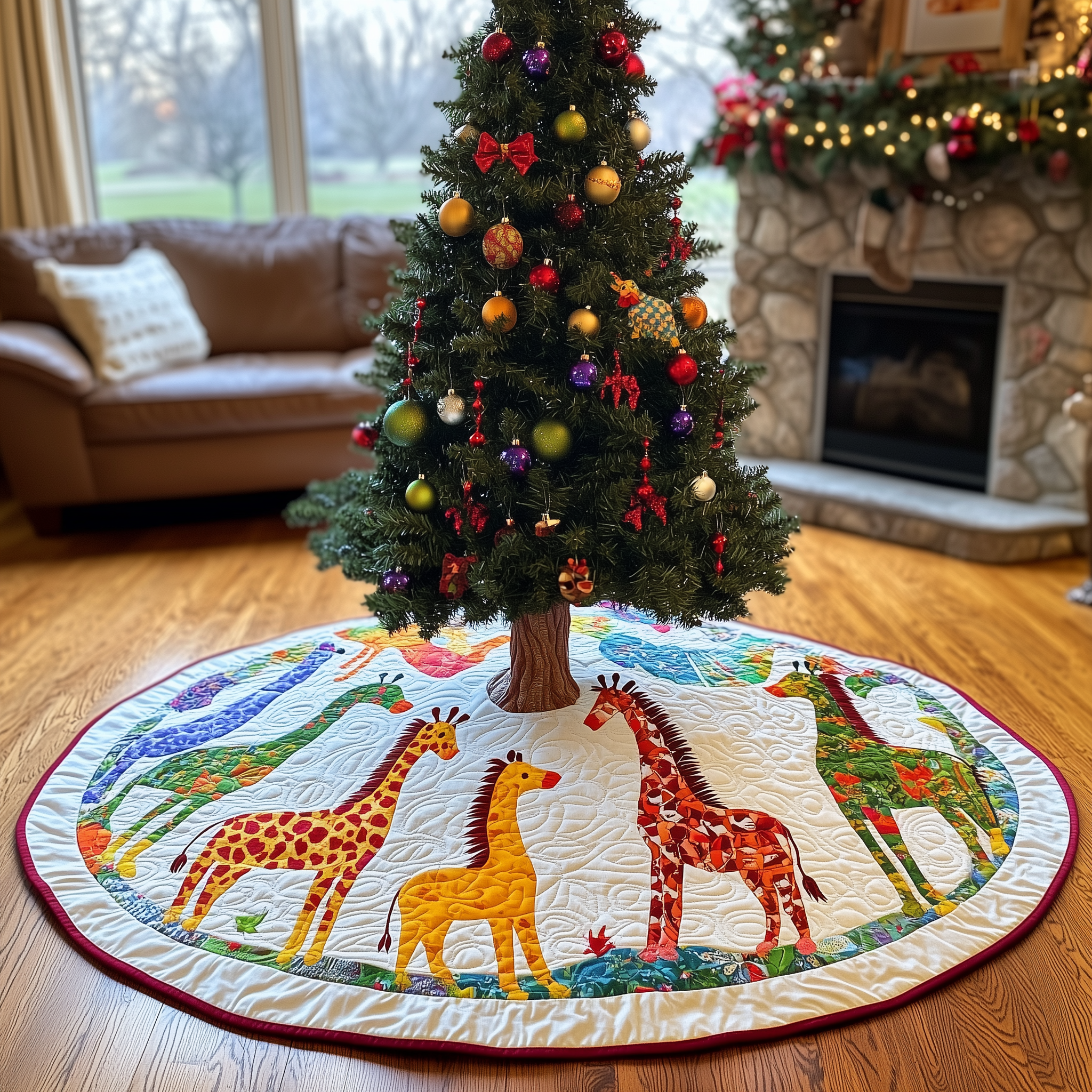 Colorful Giraffes Christmas Quilted Tree Skirt Decorations Gifts With Giraffes On Them