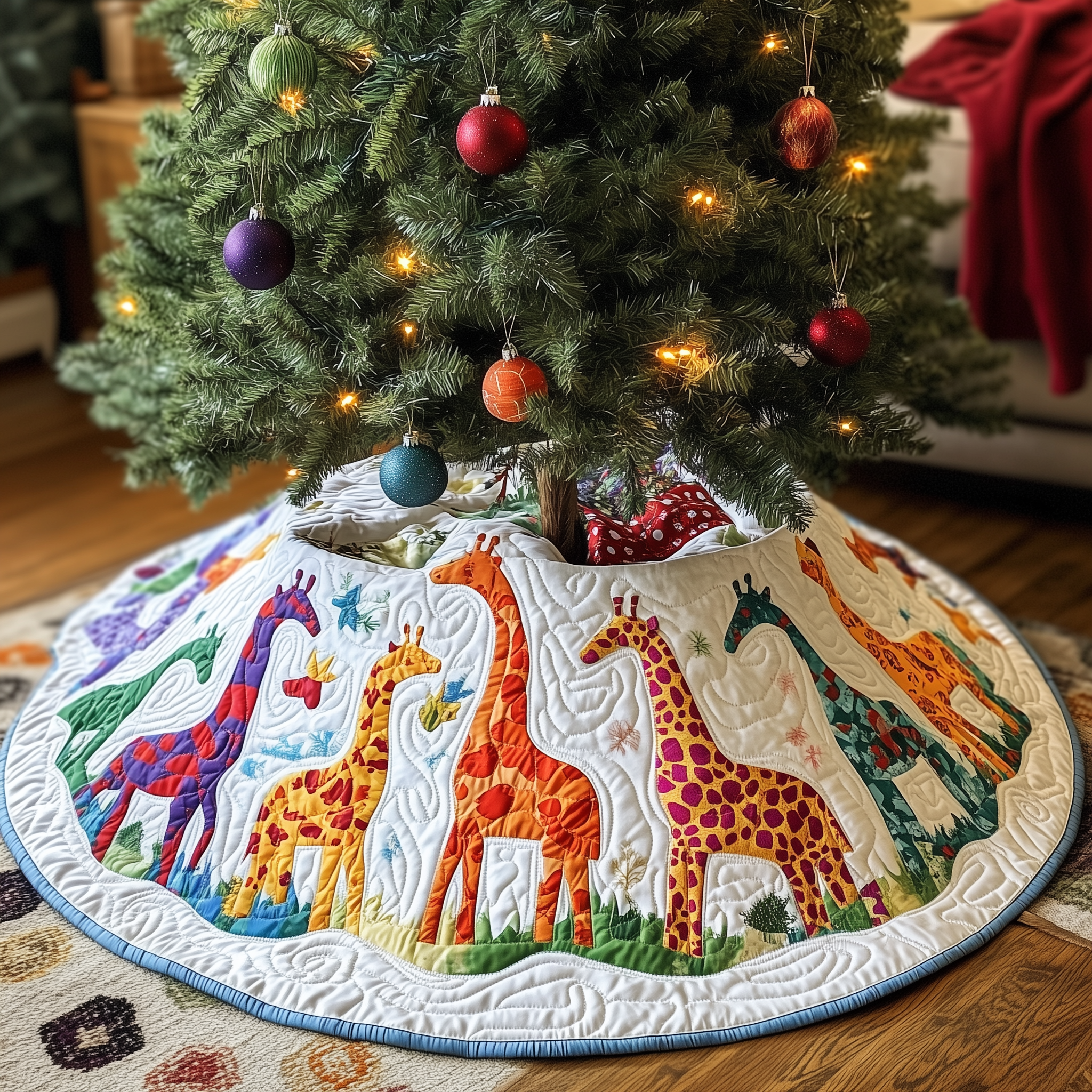 Colorful Giraffes Christmas Quilted Tree Skirt Heartwarming Fatherâ€™s Day Gift Merch