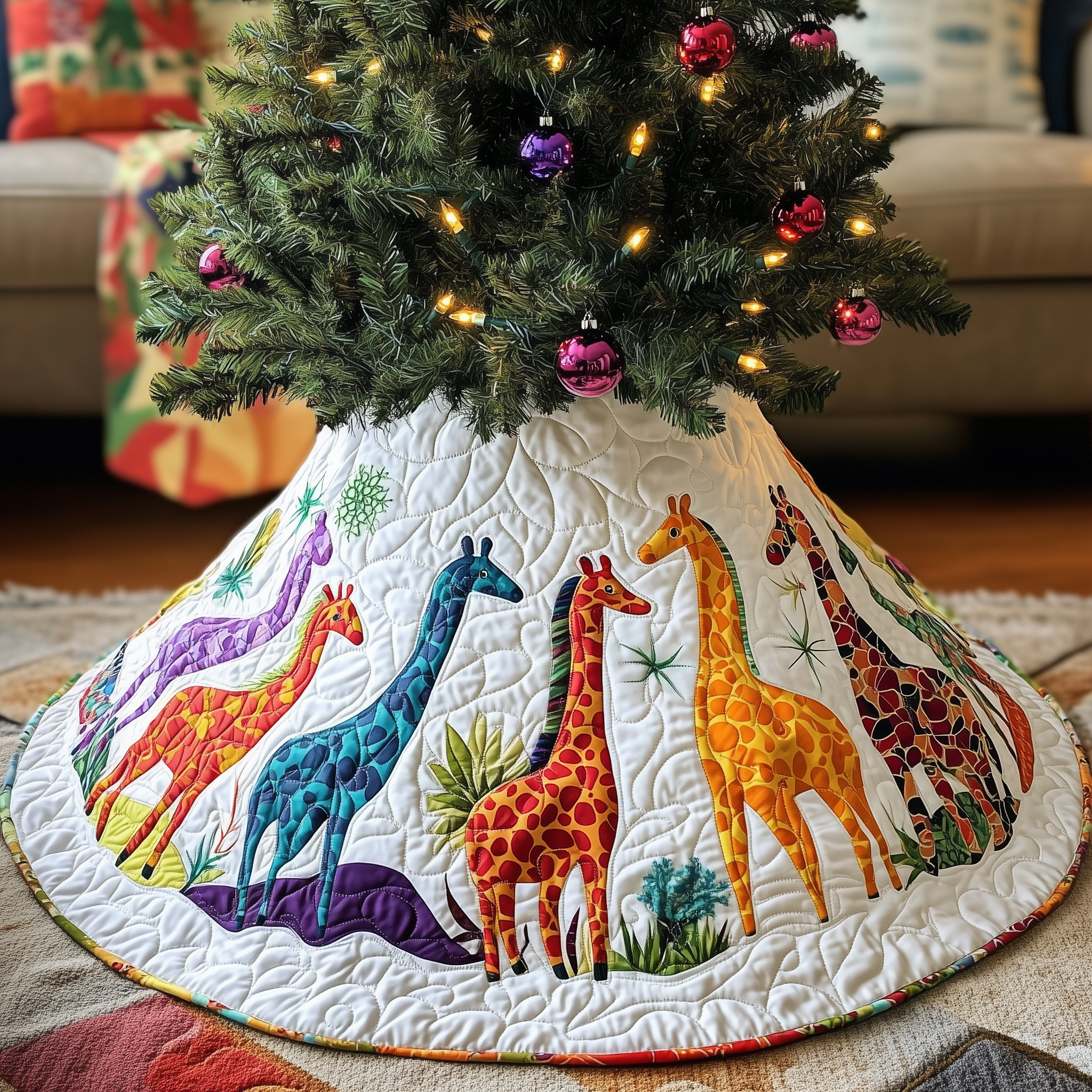 Colorful Giraffes Christmas Quilted Tree Skirt Joyful Holiday Season Gift Merch