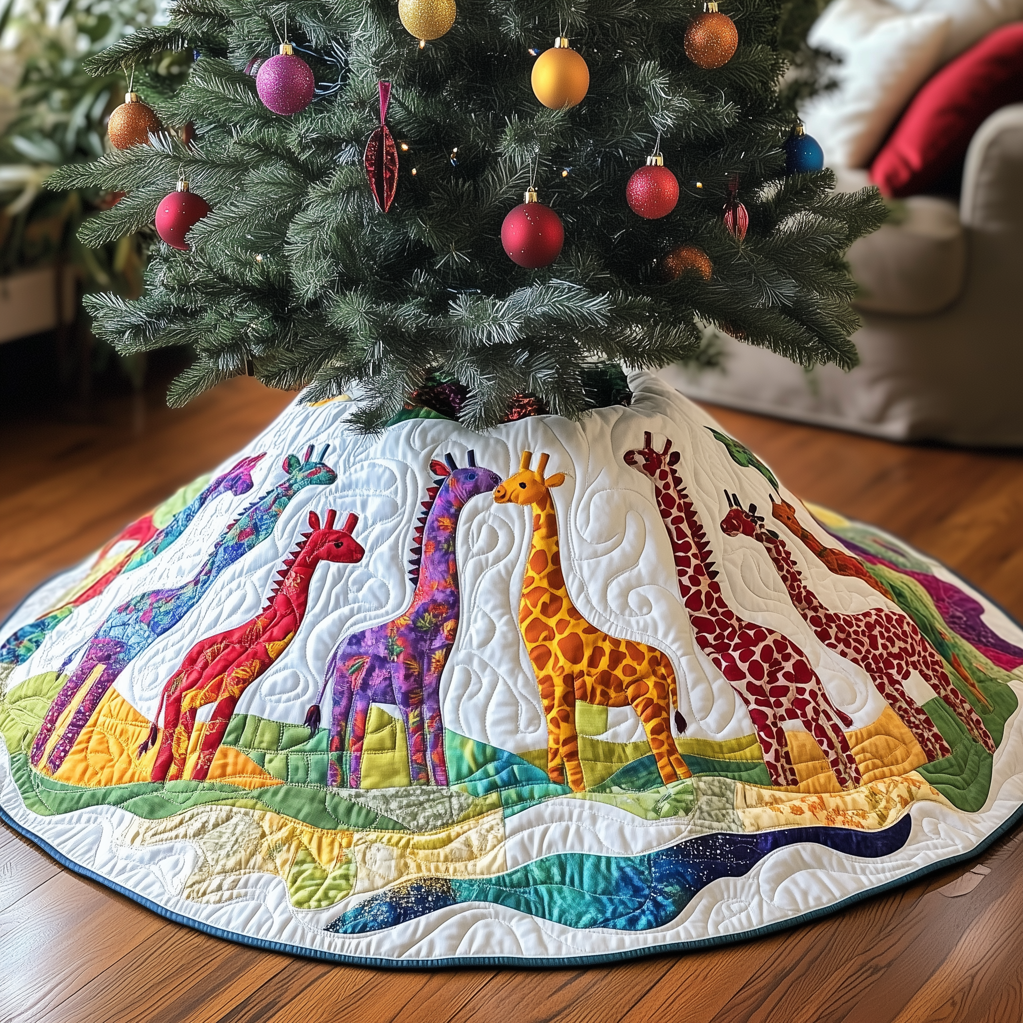 Colorful Giraffes Christmas Quilted Tree Skirt Meaningful Anniversary Gift Merch