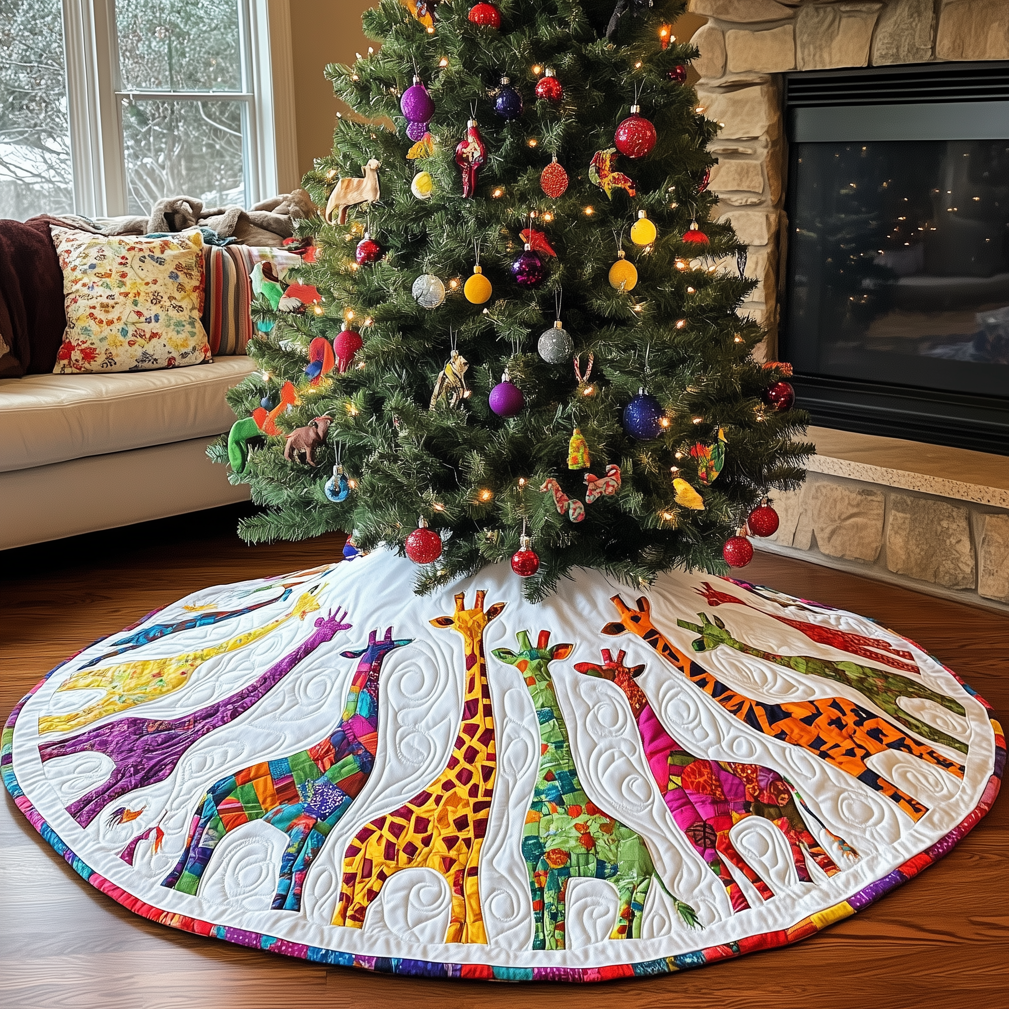 Colorful Giraffes Christmas Quilted Tree Skirt Must-Have Holiday Decor Merch