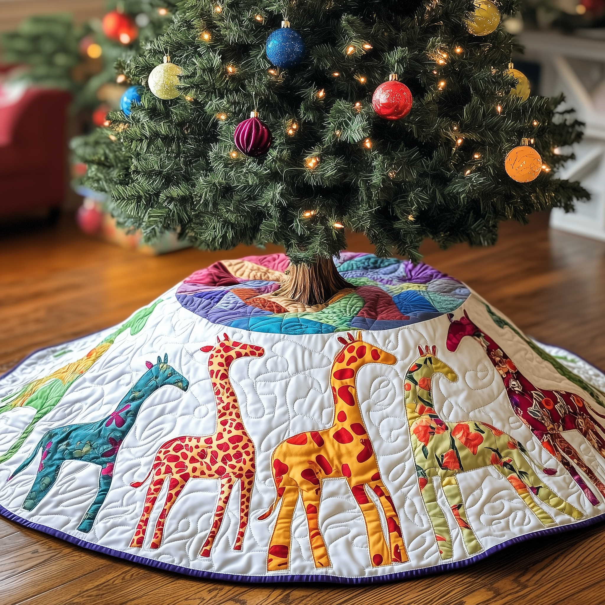 Colorful Giraffes Christmas Quilted Tree Skirt Special Birthday Gift Merch