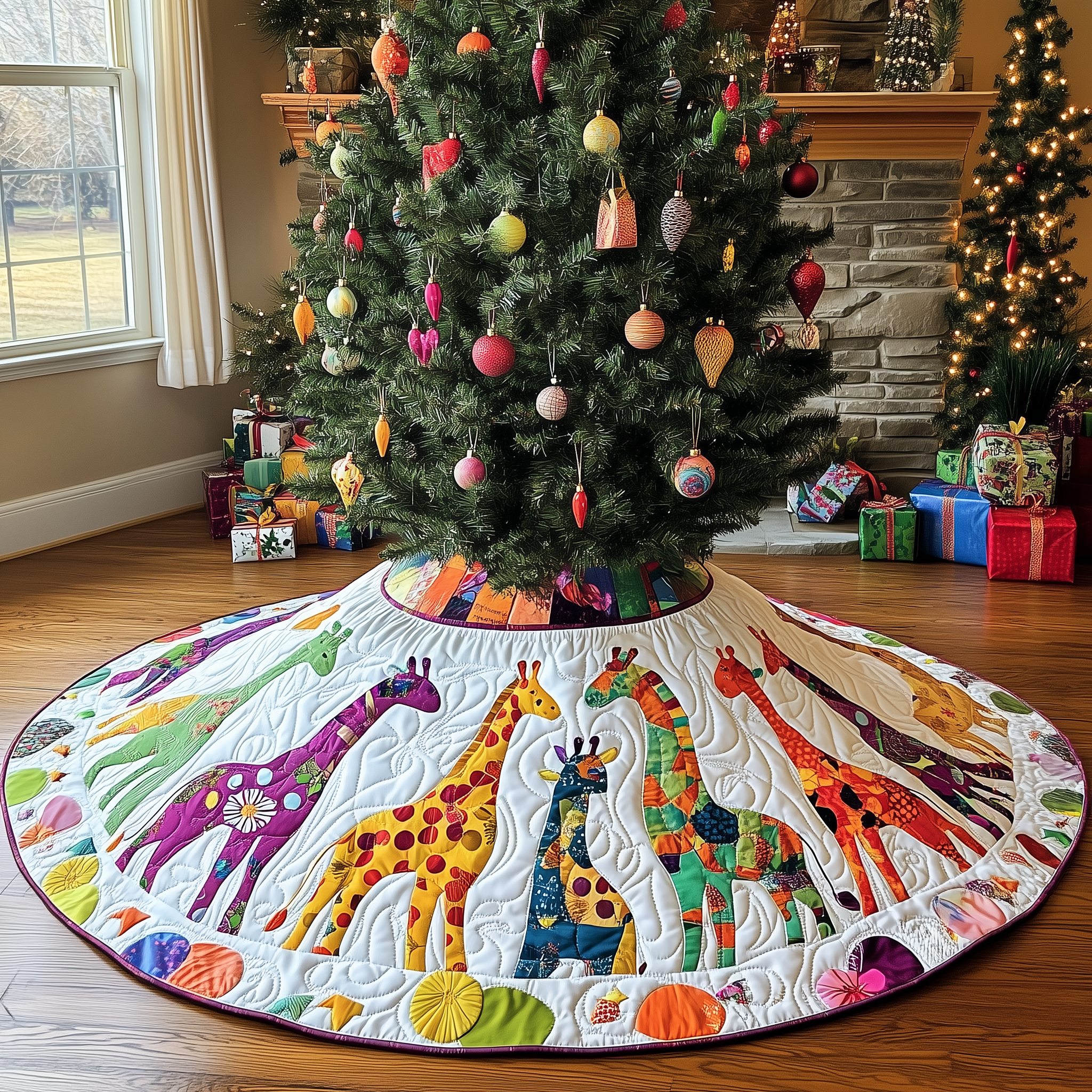 Colorful Giraffes Christmas Quilted Tree Skirt Thoughtful Gift Merch For Dad