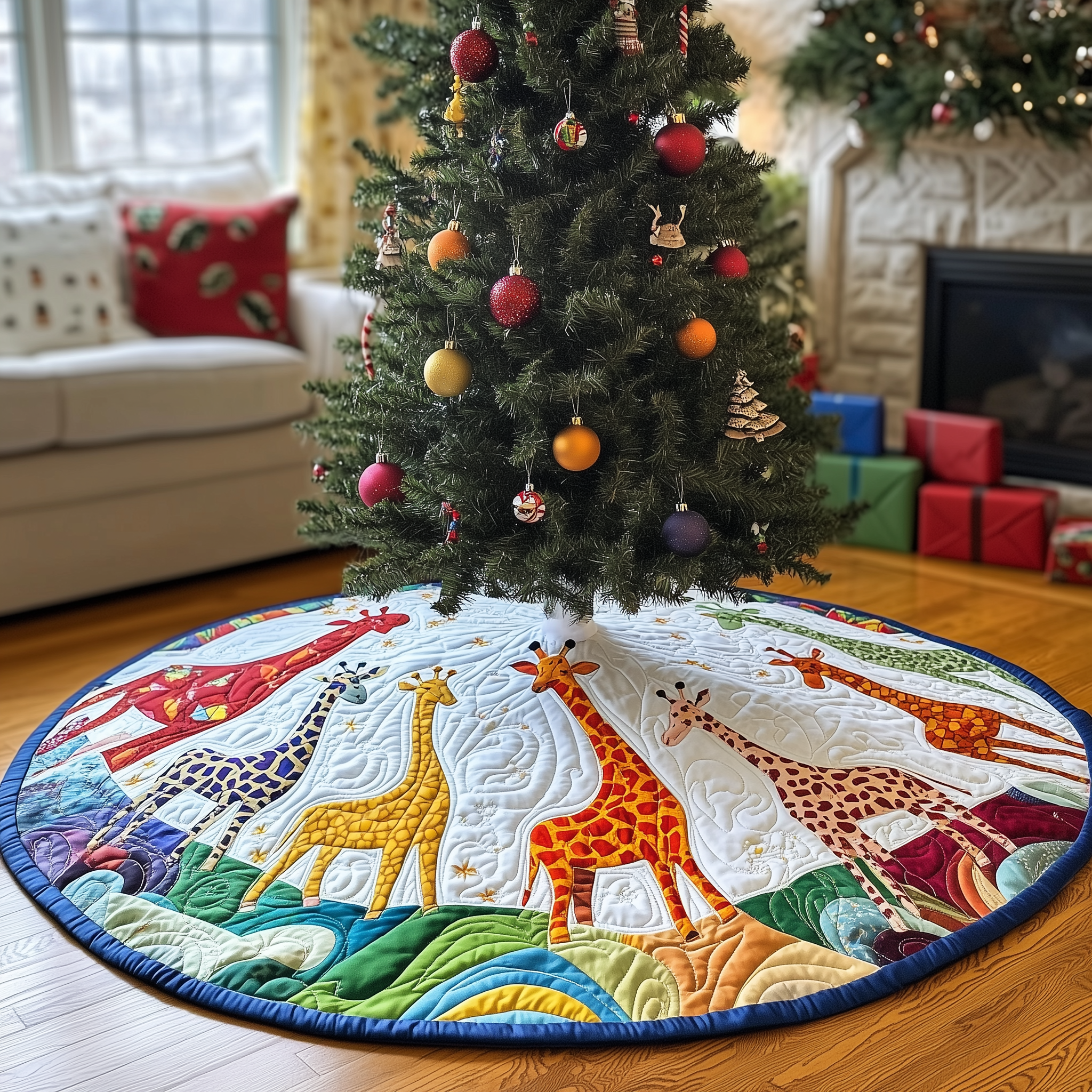 Colorful Giraffes Christmas Quilted Tree Skirt Warm Gift Merch For Family