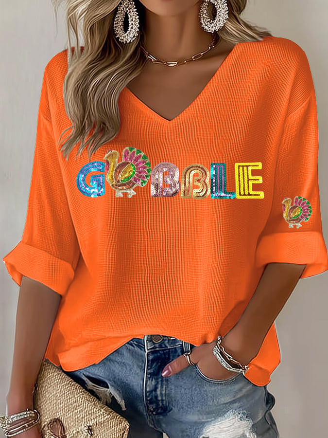 Colorful Gobble Turkey Thanksgiving V-Neck Long Sleeve Funny Turkey Apparel Thanksgiving Gifts