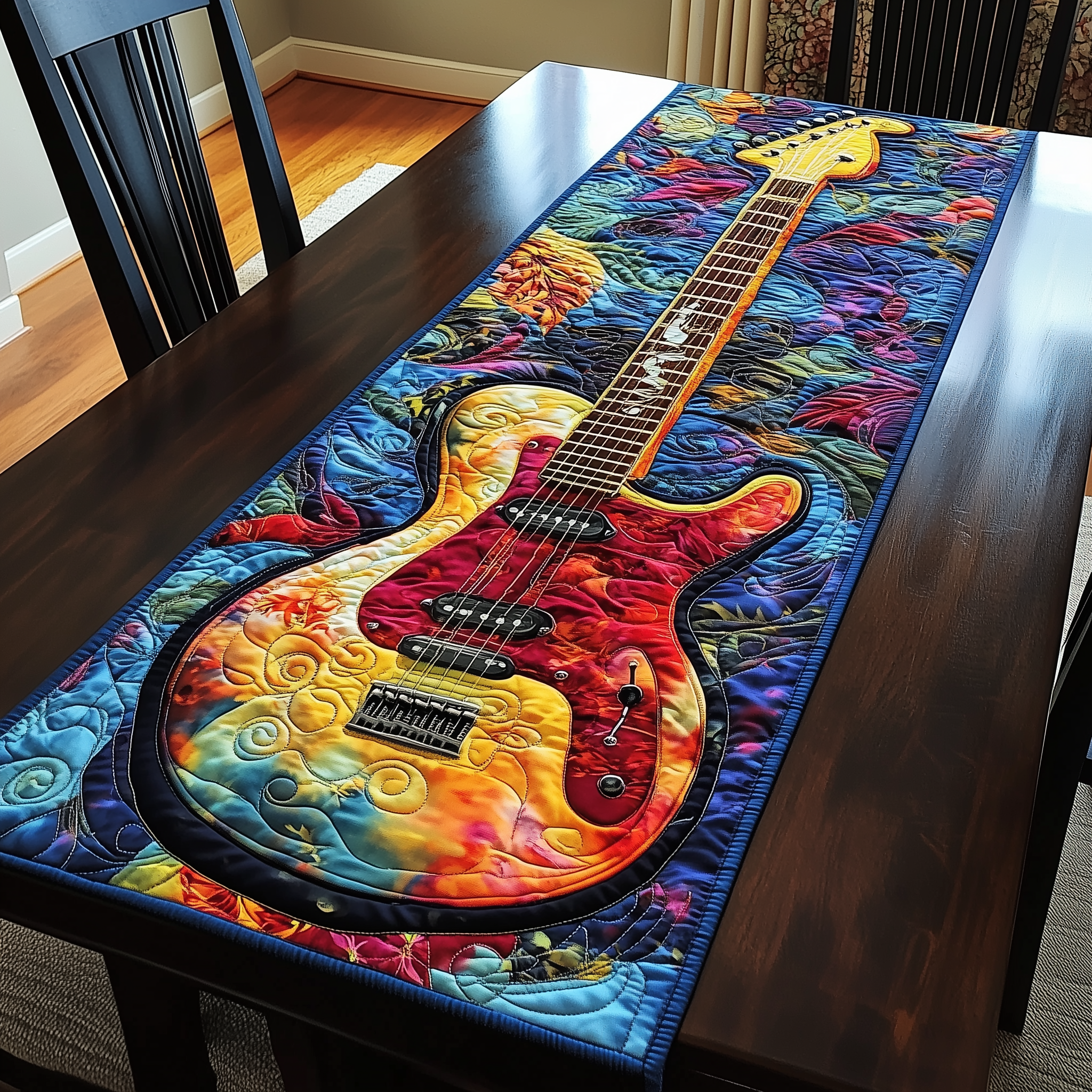 Colorful Guitar Quilted Table Runner Best Christmas Xmas Gifts For Guitar Players