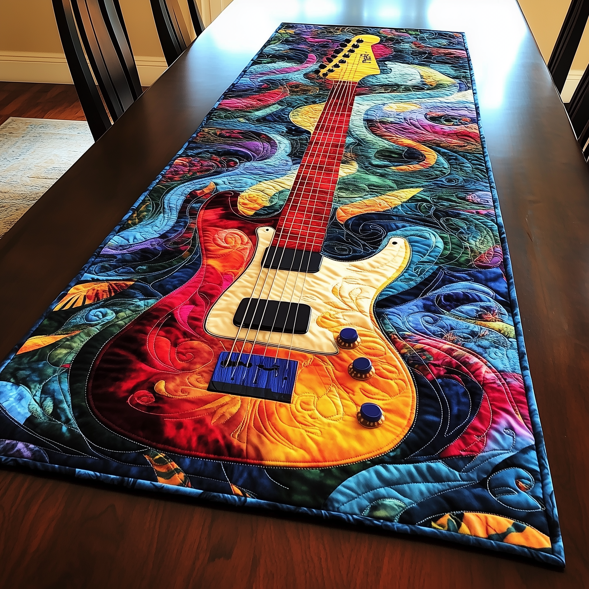 Colorful Guitar Quilted Table Runner Dining Table Runner Merchandise Decorations Guitar Gifts
