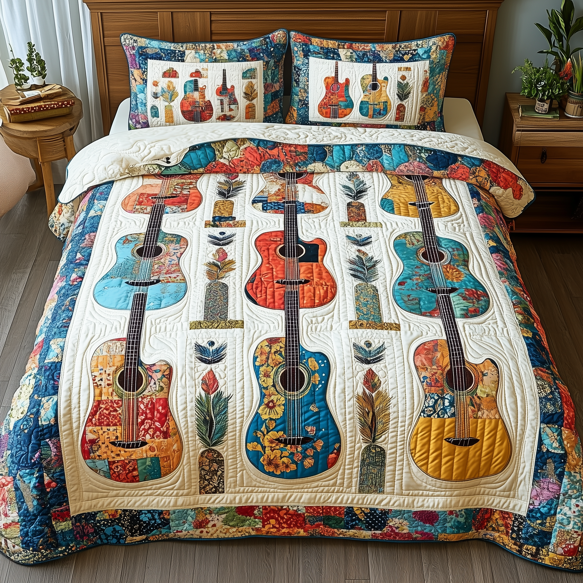 Colorful Guitars Quilted Bedding Set Christmas Bedding Set Top Christmas Gifts 2024