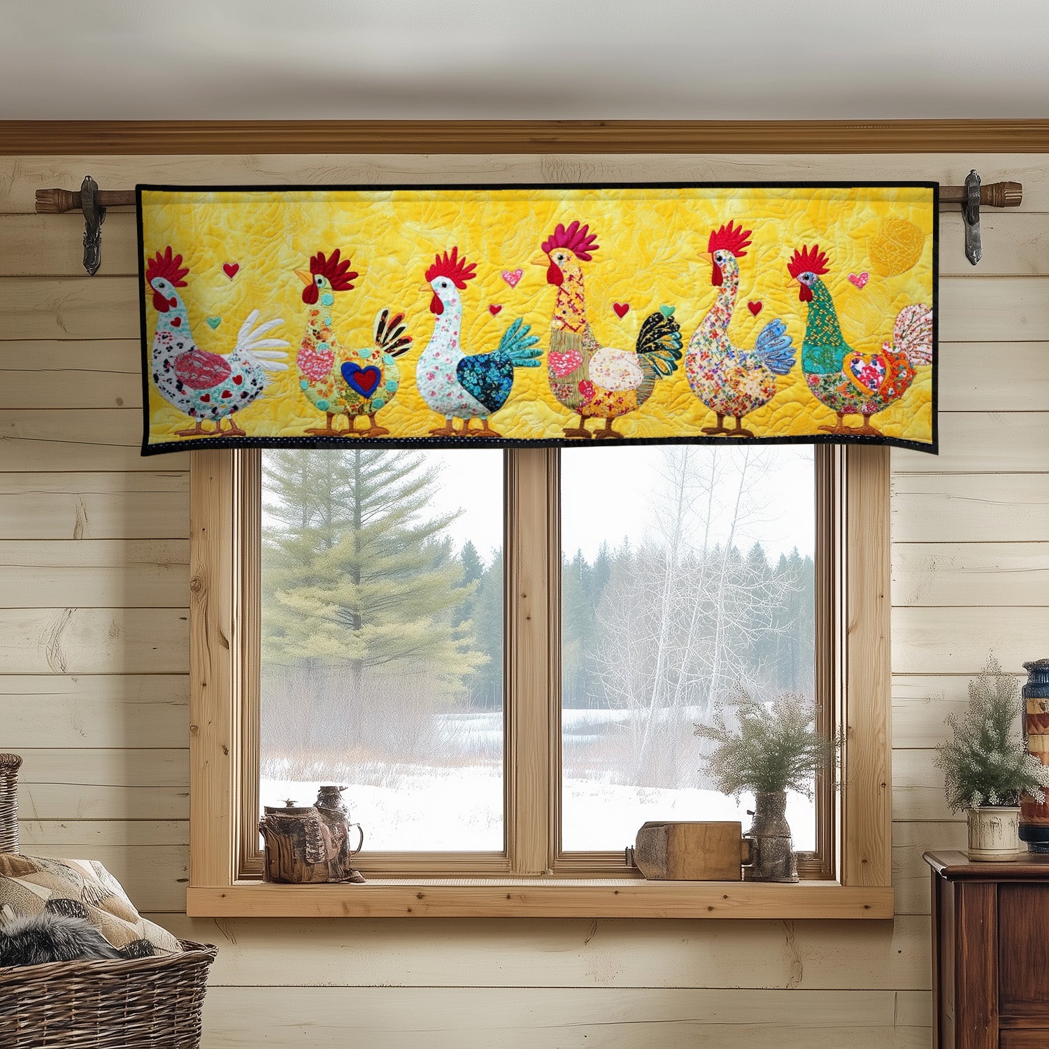 Colorful Hearts Chickens Quilted Valance Farmhouse Window Valance Christmas Gifts For Chicken Farmers