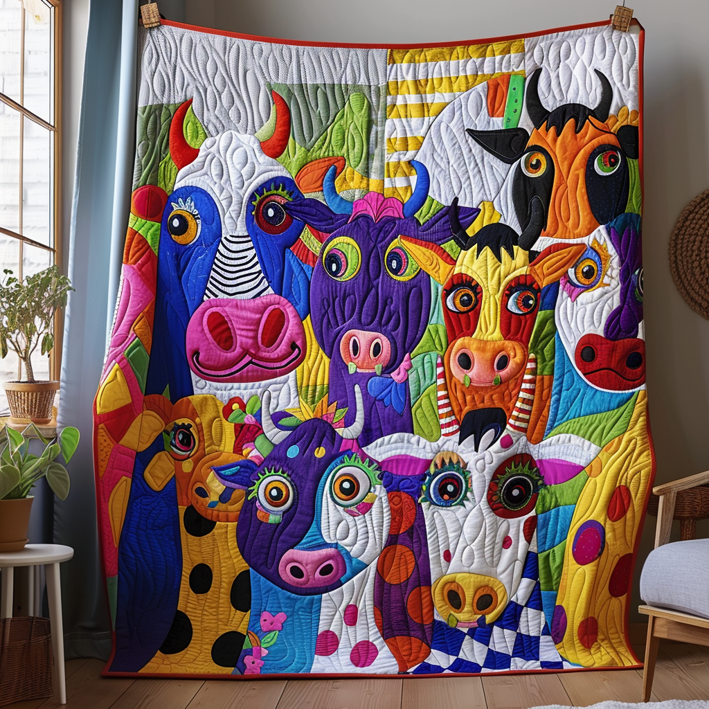Colorful Herd Quilted Blanket Gift For Cow Lover