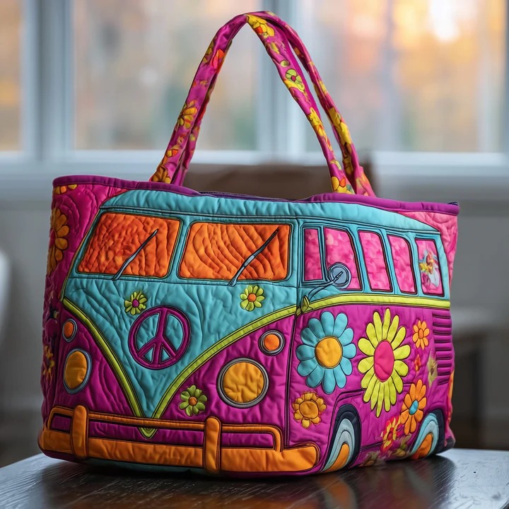 Colorful Hippie Bus Quilted Tote Bag Groovy Peace Bag Best Gift For Boho Lovers