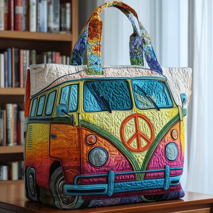 Colorful Hippie Bus Quilted Tote Bag Side View Peace Sign Bag Best Gift For Women