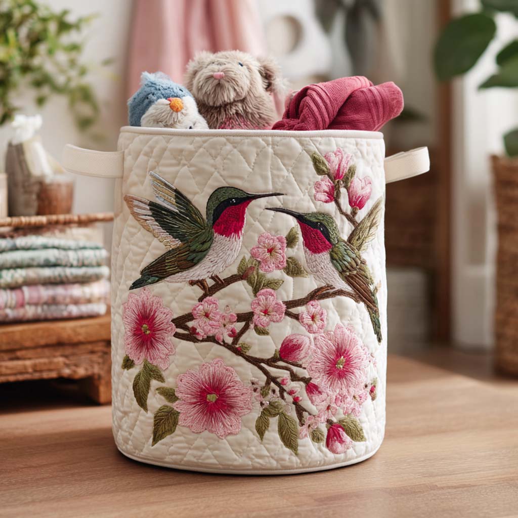 Colorful Hummingbird Flight Quilted Laundry Basket Winter Merch Essentials