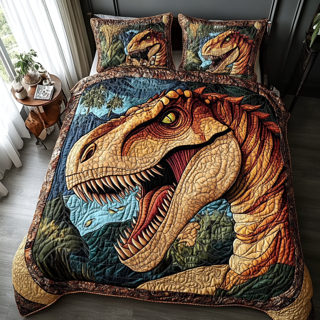 Colorful Hunter Quilted Bedding Set Bed Decorations Dinosaur Themed Gifts