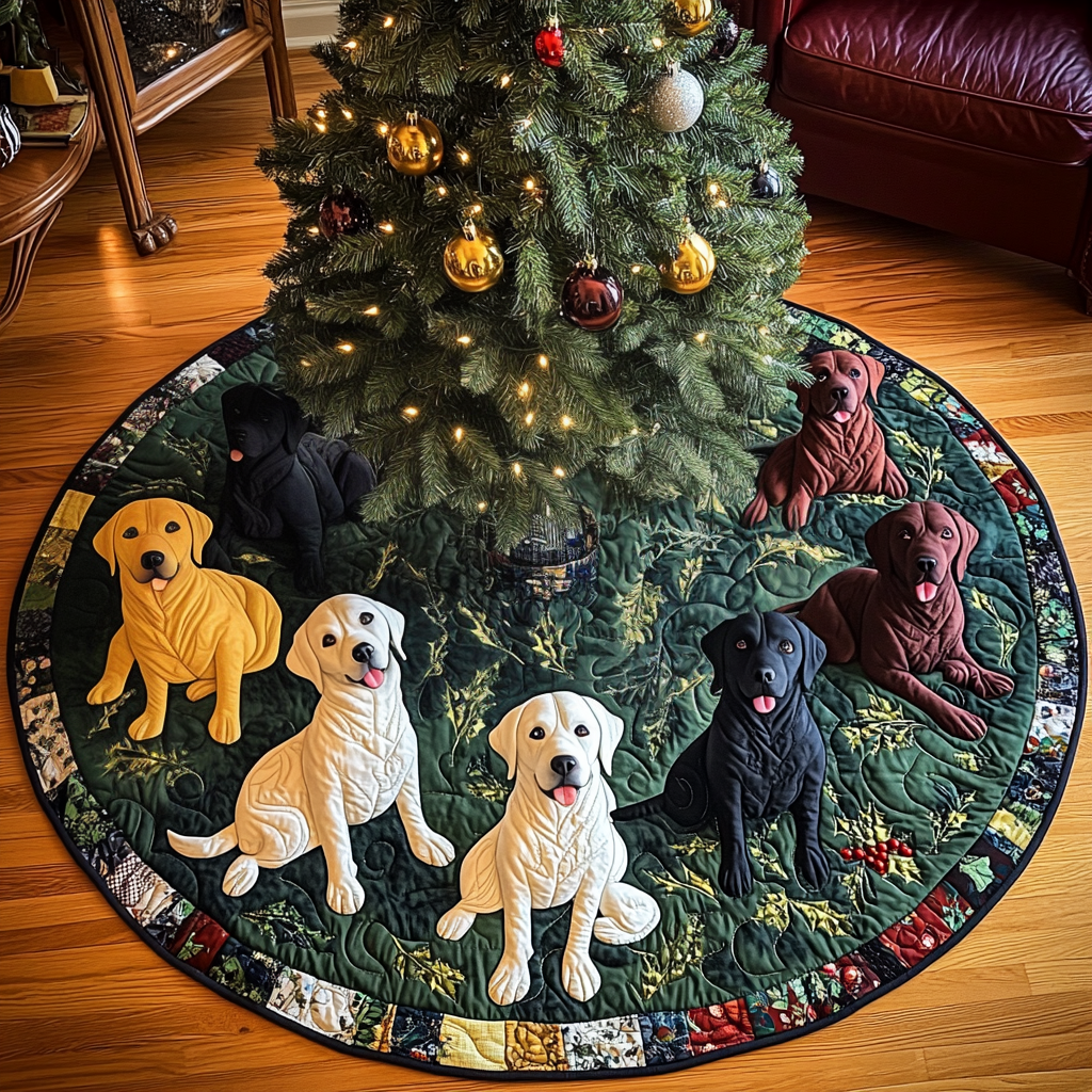 Colorful Labrador Christmas Quilted Tree Skirt Xmas Tree Base Cover Brother To Sister Christmas Gifts