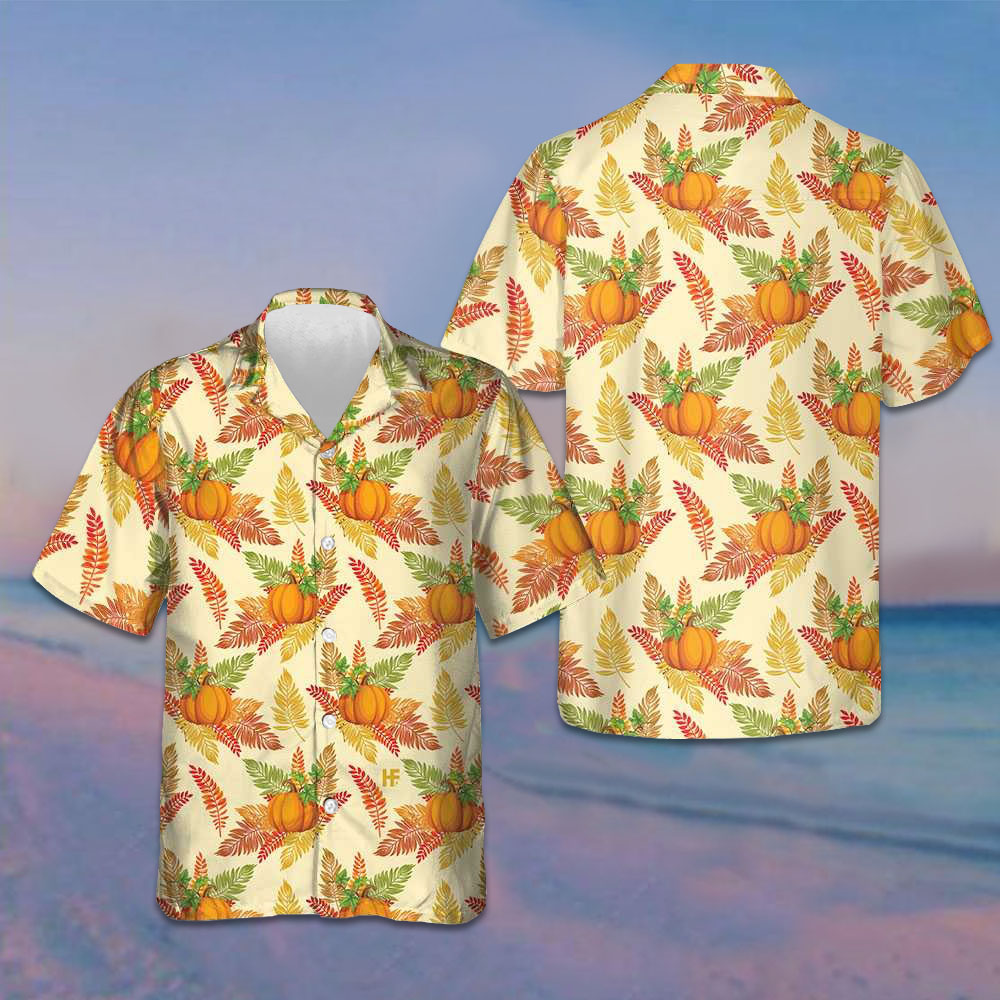 Colorful Leaves And Pumpkin Thanksgiving Hawaiian Shirt Button Up Shirts For Men