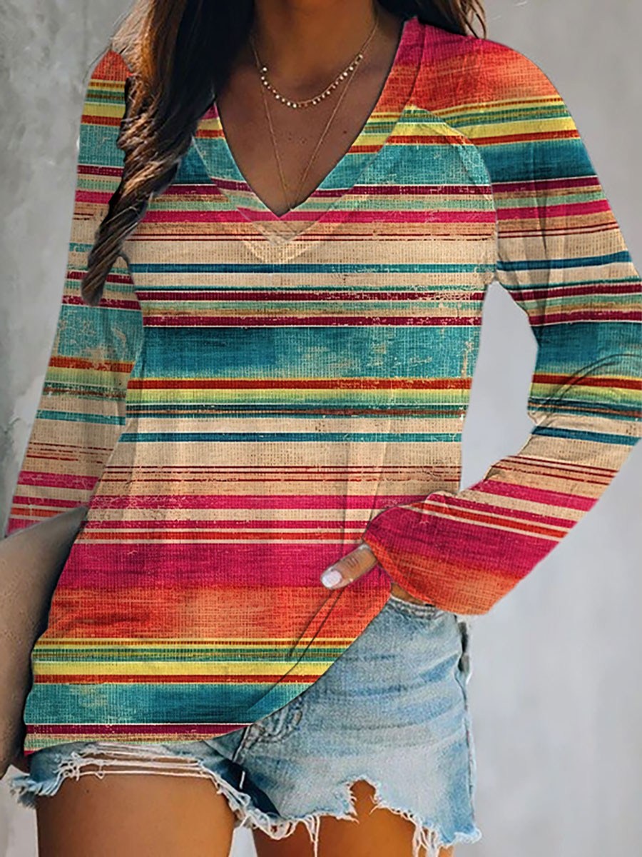 Colorful Mexican Stripe V-Neck Long Sleeve Shirt Cinco De Mayo Mexico Party Merch Gift For Her