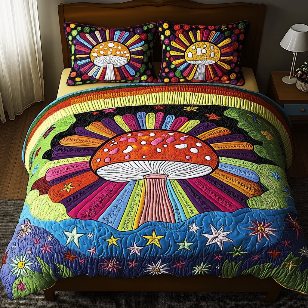 Colorful Mushrooms Quilted Bedding Set Unique Bedding Gift for Family Gatherings