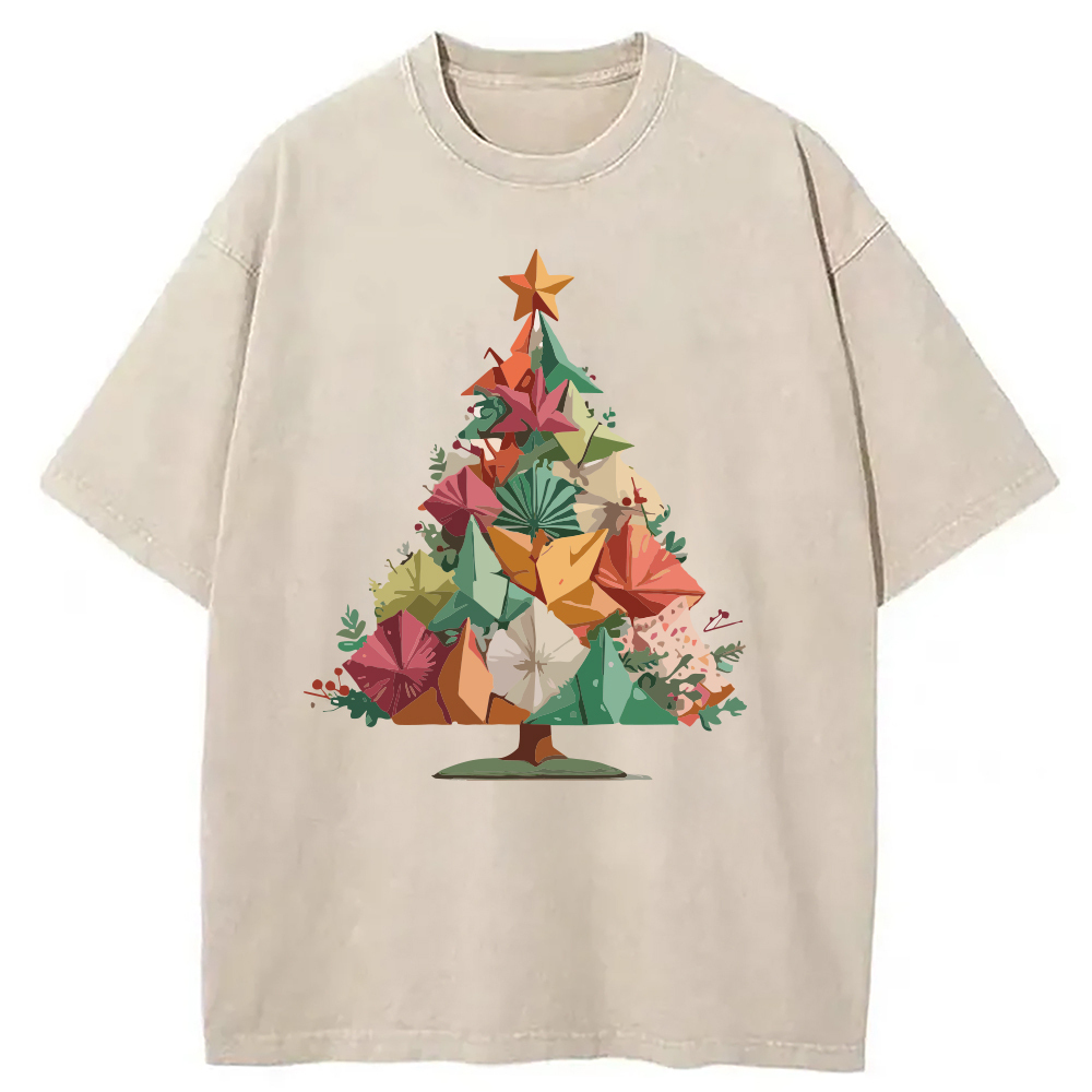 Colorful Origami Christmas Washed T-Shirt Retro Humor Graphic Top Gifts For BFF