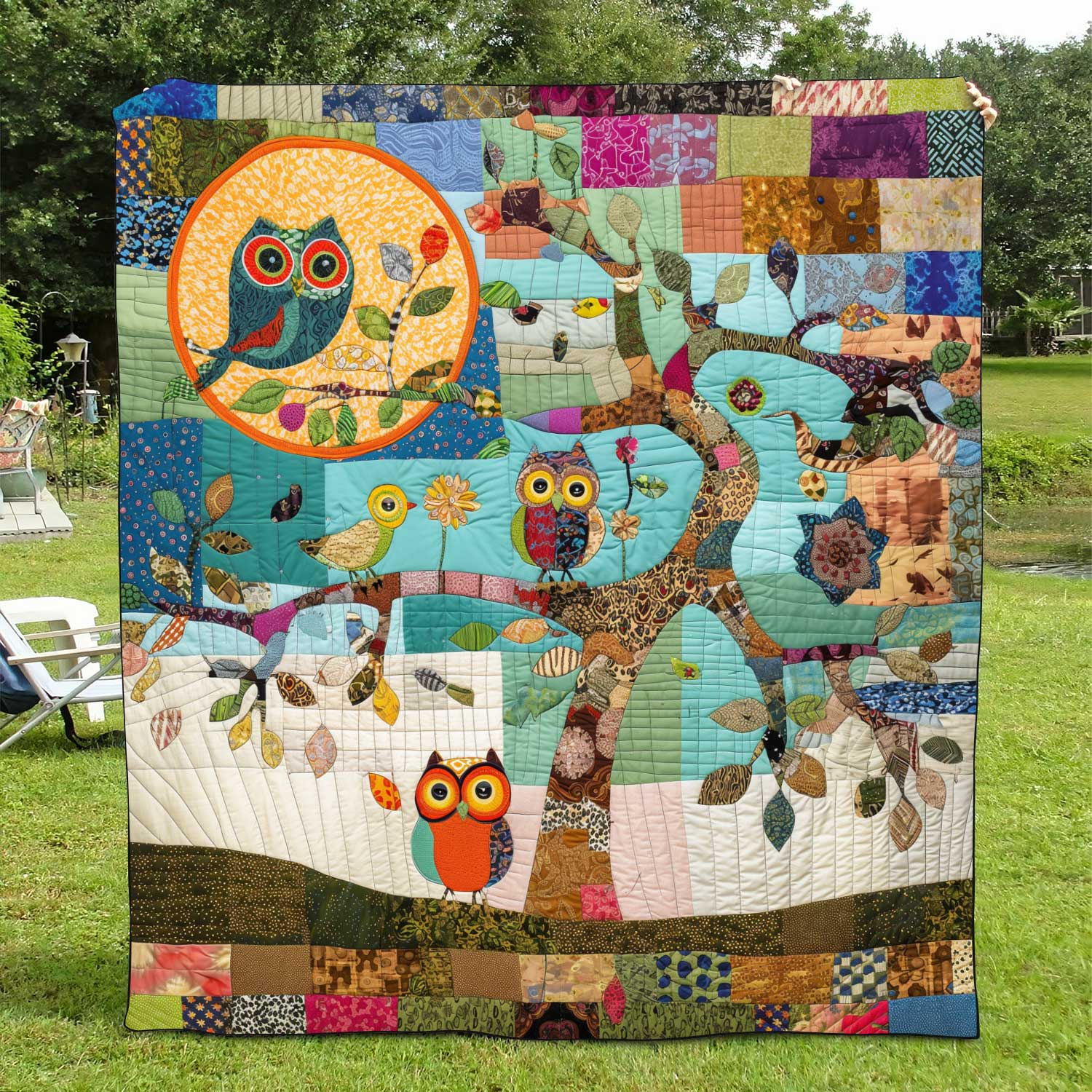 Colorful Owl Patchwork Quilted Blanket Gift For Owl Lover