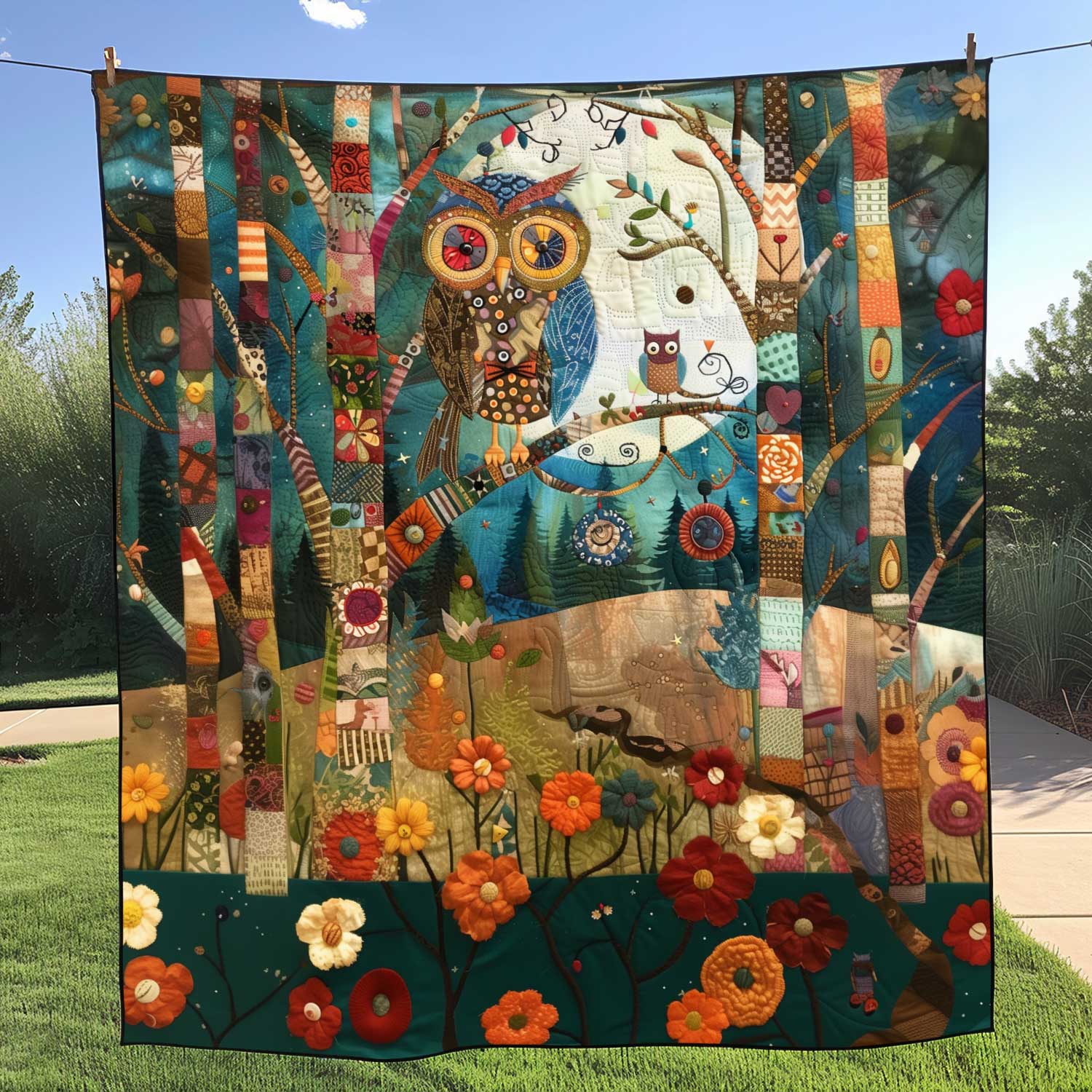 Colorful Owl Patchwork Quilted Blanket Gift For Owl Lover