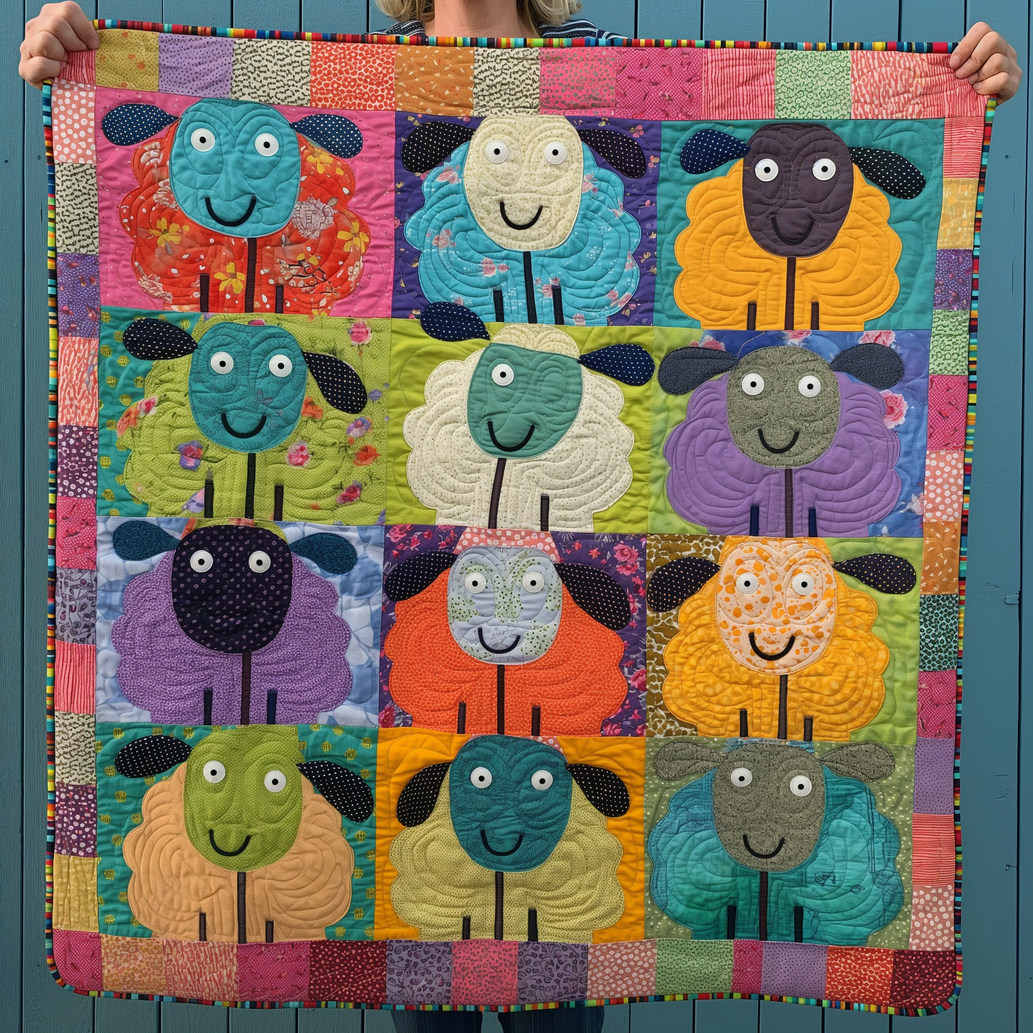 Colorful Pasture Sheep Quilted Blanket Presents For Sheep Lovers