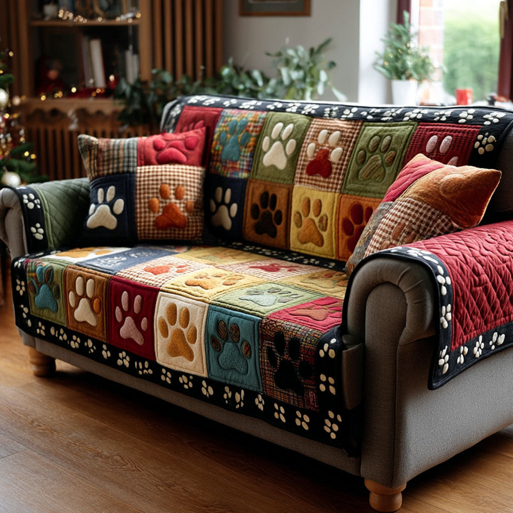 Colorful Paw Patchwork Quilted Sofa Cover Christmas Living Decor Dog Gifts For Dog Lovers