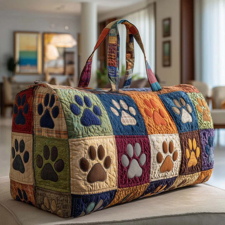 Colorful Paw Print Patchwork Quilted Duffle Bag Pet Lover Travel Bag Best Gift For Dog Owners