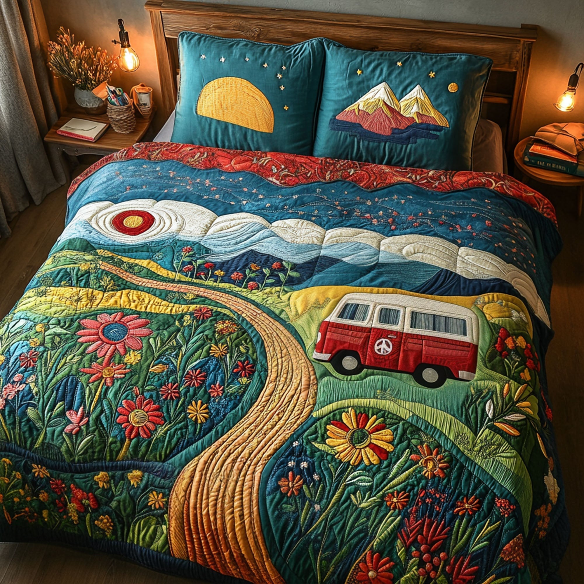 Colorful Peace Caravan Quilted Bedding Set Bedroom Decor Ideas Hippie Style Gifts