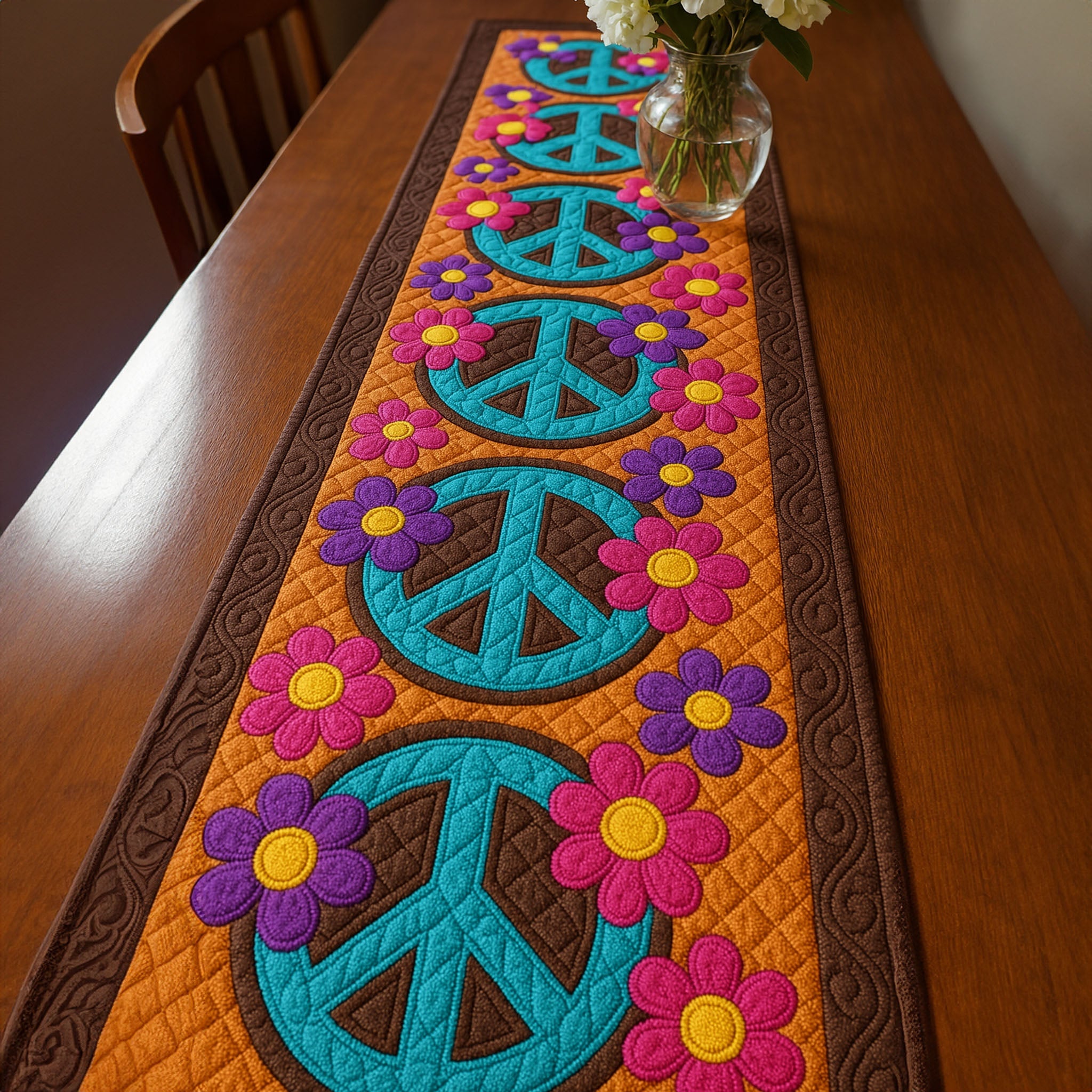 Colorful Peace Quilted Table Runner Dining Room Table Decor Ideas Hippie Gifts For Him