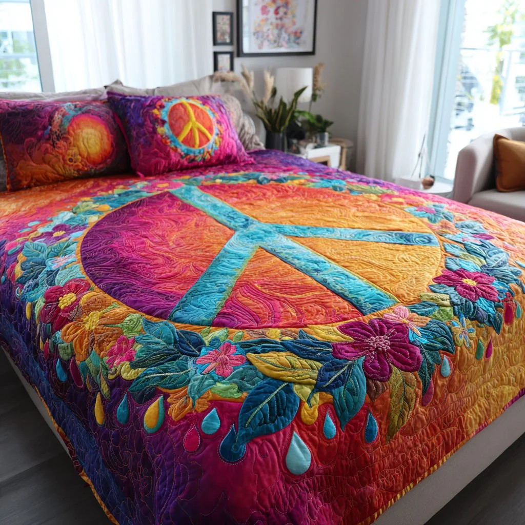 Colorful Peace Sun 3-Piece Quilted Bedding Set Hippie Boho Bedspread Best Gift For Hippie Fans