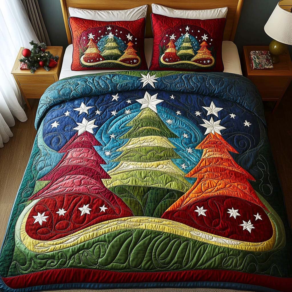 Colorful Pines Quilted Bedding Set Xmas Duvet Cover Set Good Family Christmas Presents