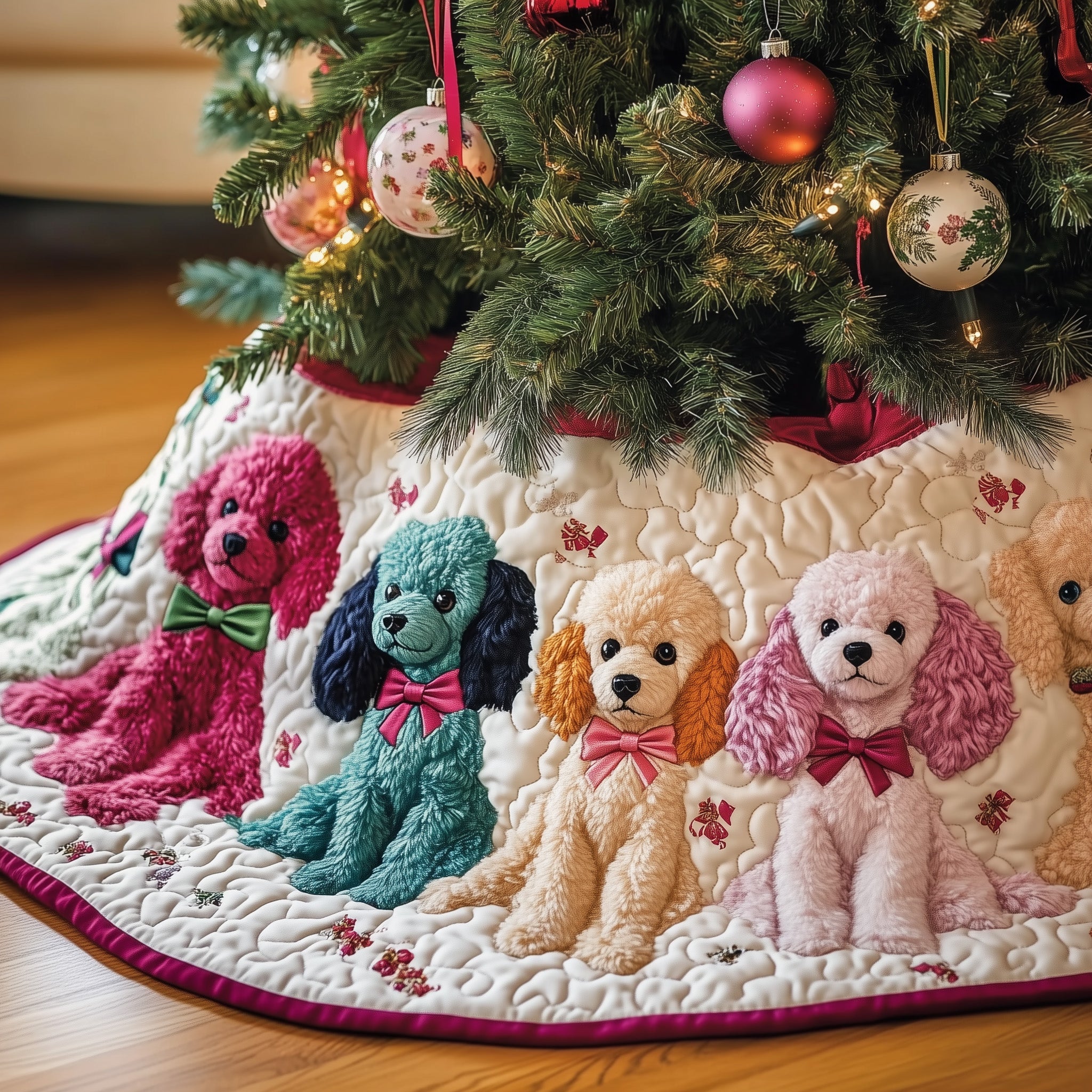 Colorful Poodle Quilted Tree Skirt Festive Living Room Merch