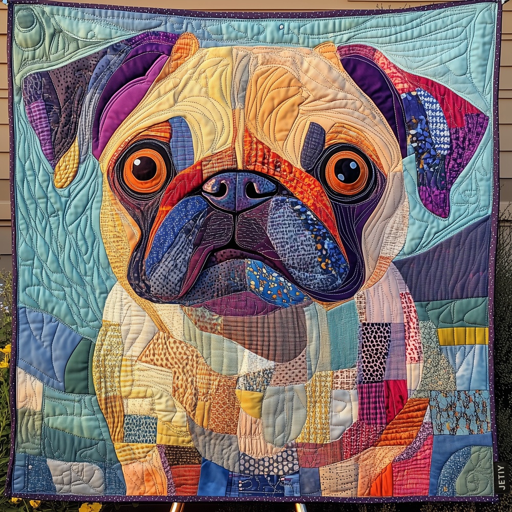 Colorful Pug Portrait Quilted Blanket Cute Dog Lover Patchwork Art Throw Best Gift For Pug Dog Owners