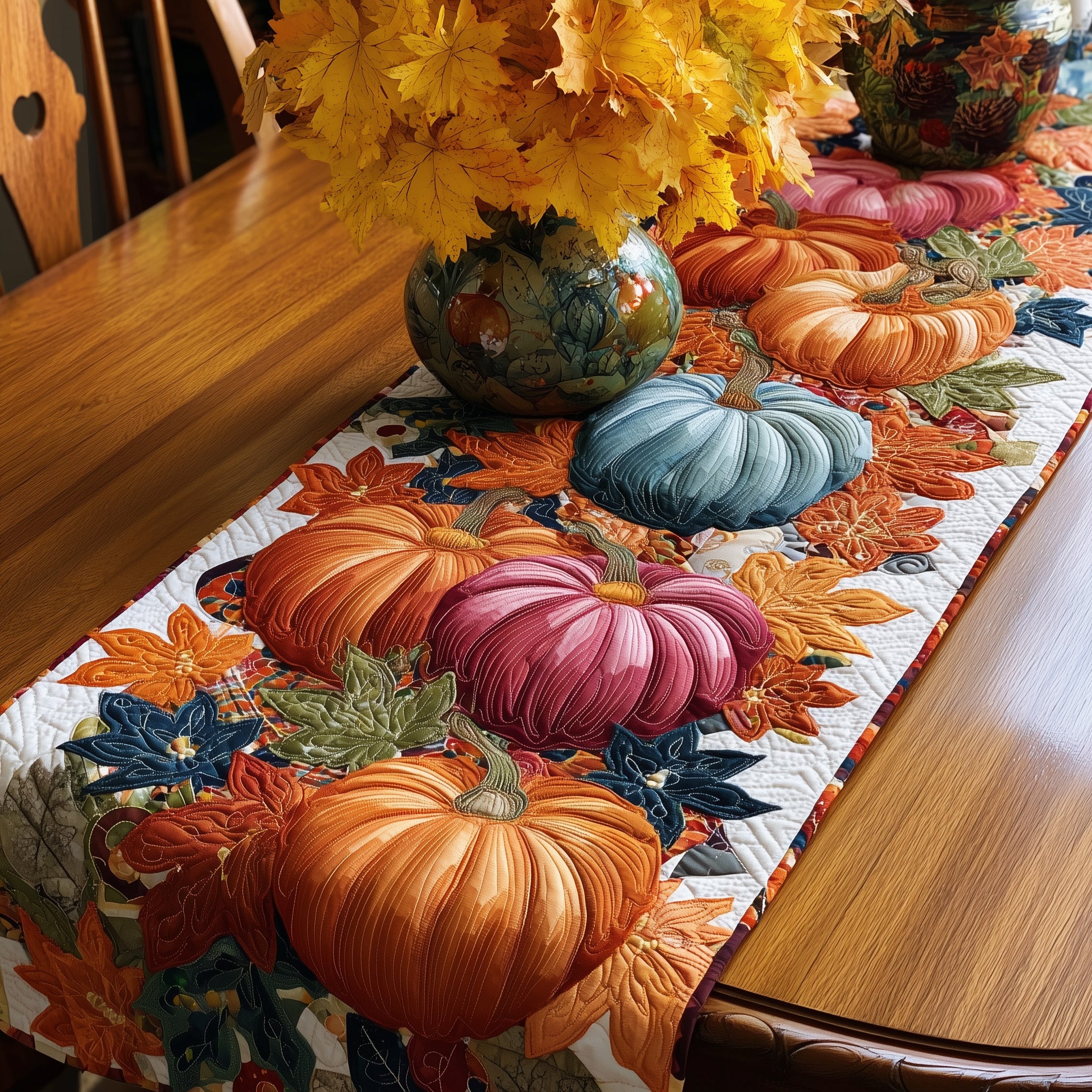 Colorful Pumpkin Quilted Table Runner Cozy Christmas Table Runner