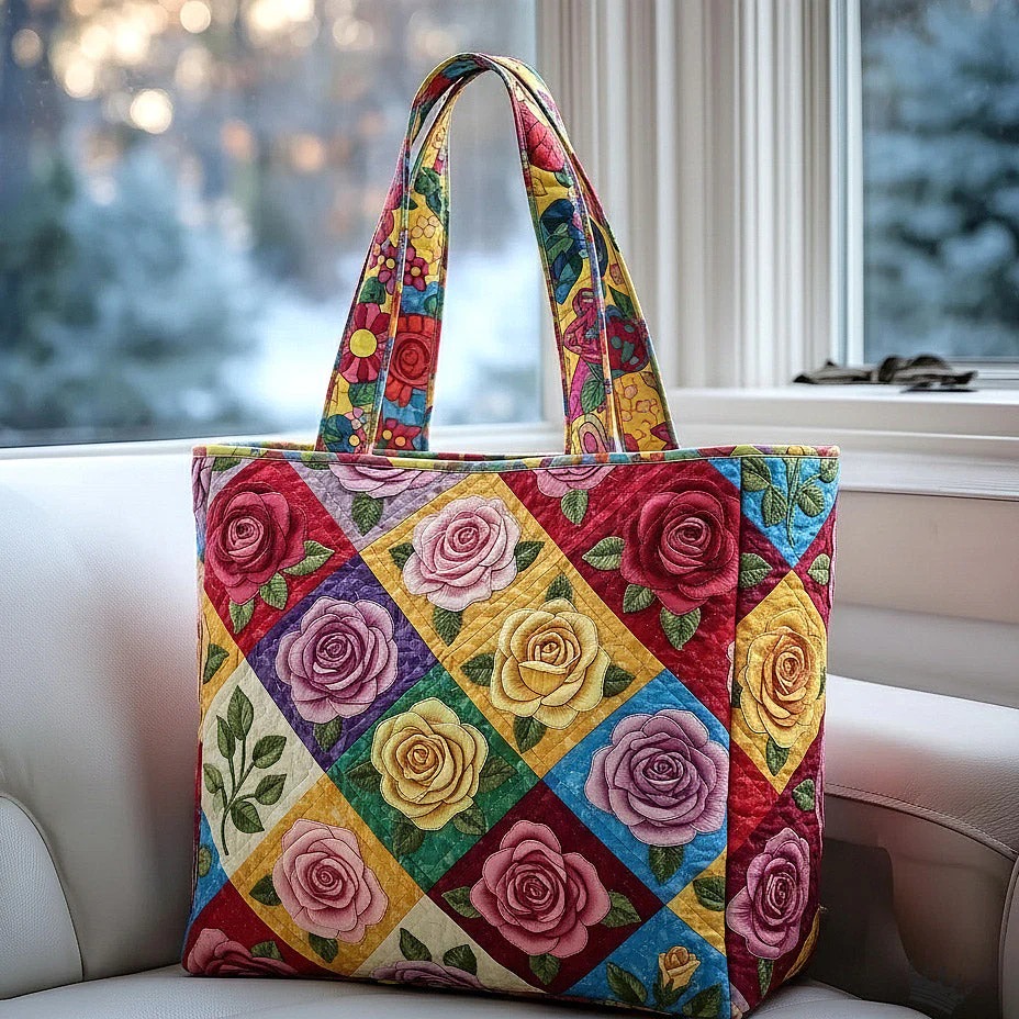 Colorful Rose Garden Diamond Quilted Tote Bag Floral Patchwork Romantic Chic Nature Gift For Mother