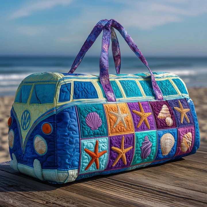 Colorful Seashell VW Bus Quilted Duffle Bag Beach Ocean Travel Bag Best Gift For Beach Lovers