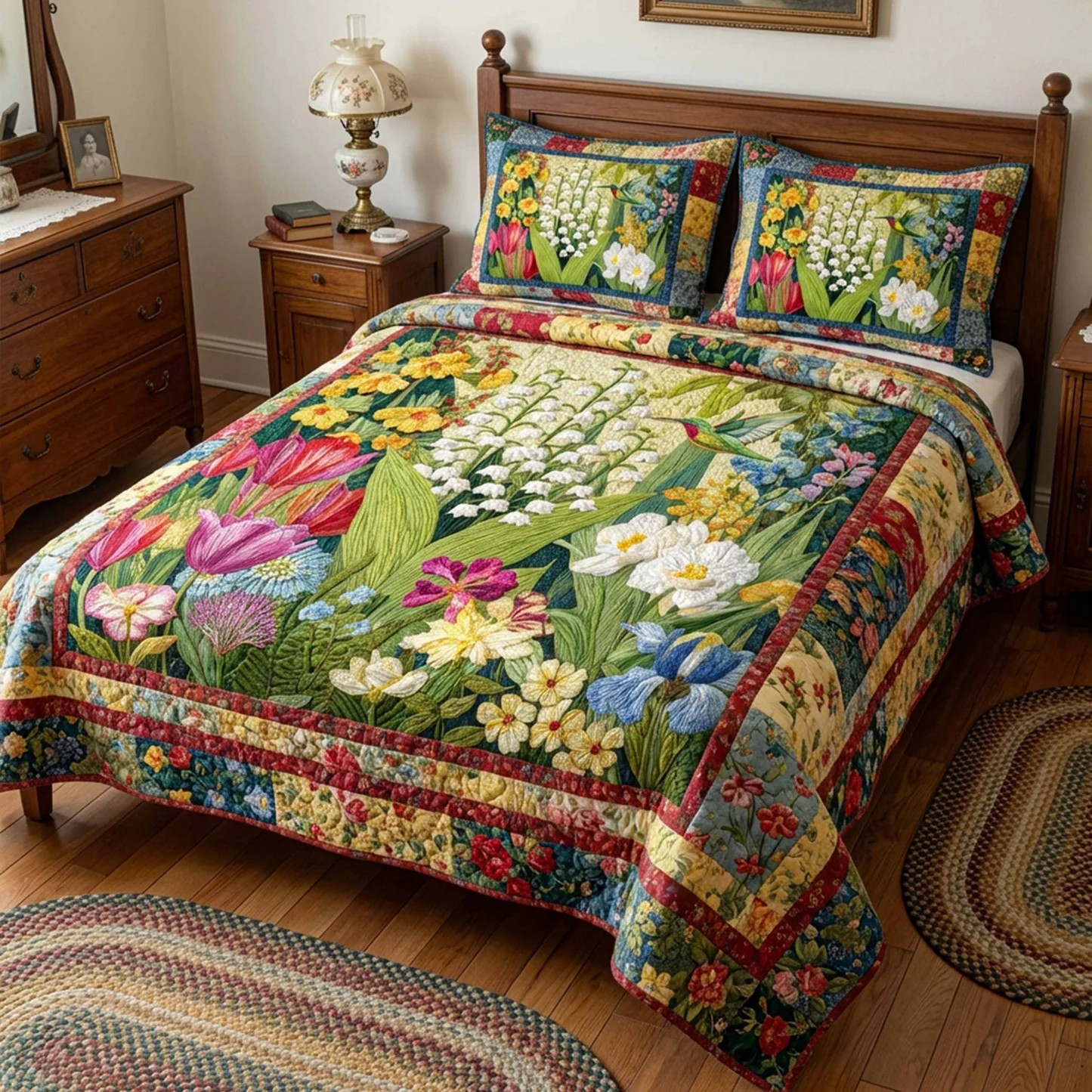 Colorful Spring Garden 3-Piece Quilted Bedding Set Floral Wildflower Bedspread Best Gift For Her
