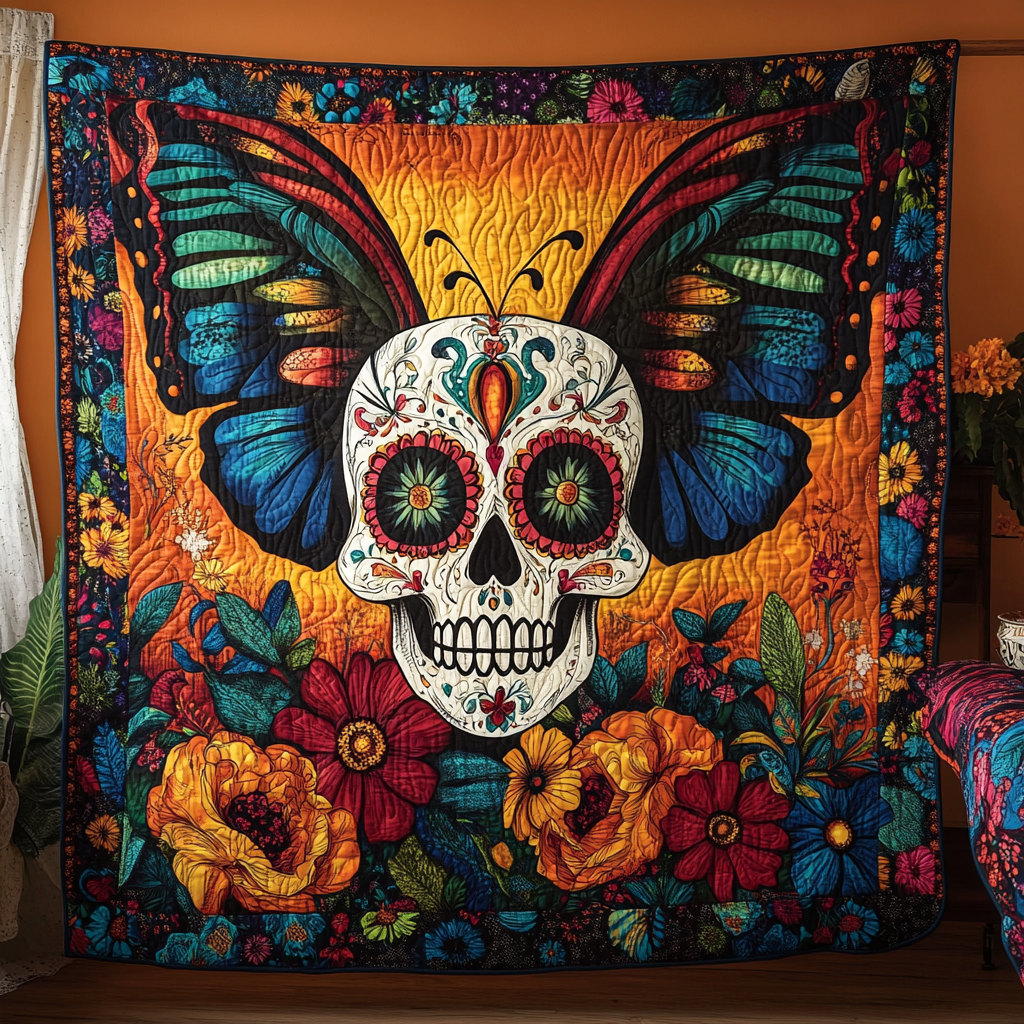 Colorful Sugar Skull Quilted Blanket Day Of The Dead Blanket