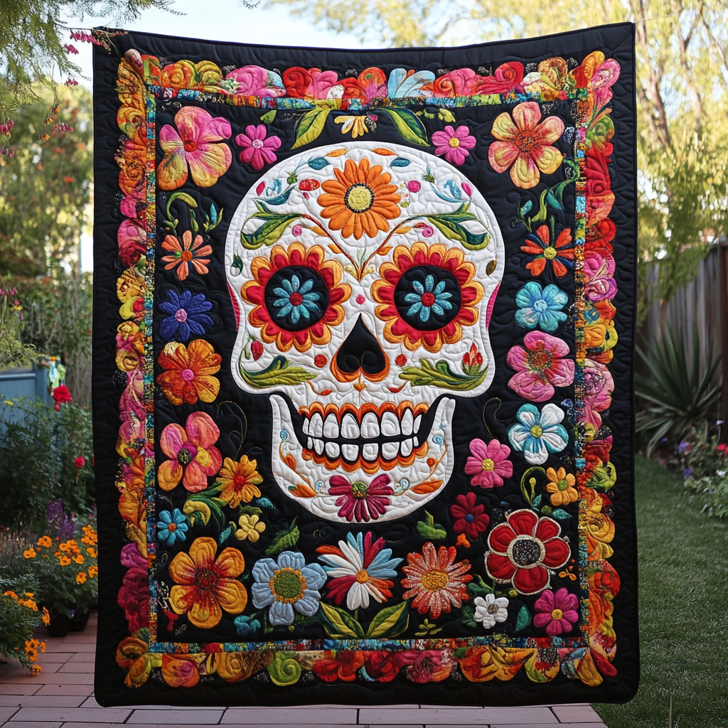 Colorful Sugar Skull Quilted Blanket Day Of The Dead Blanket
