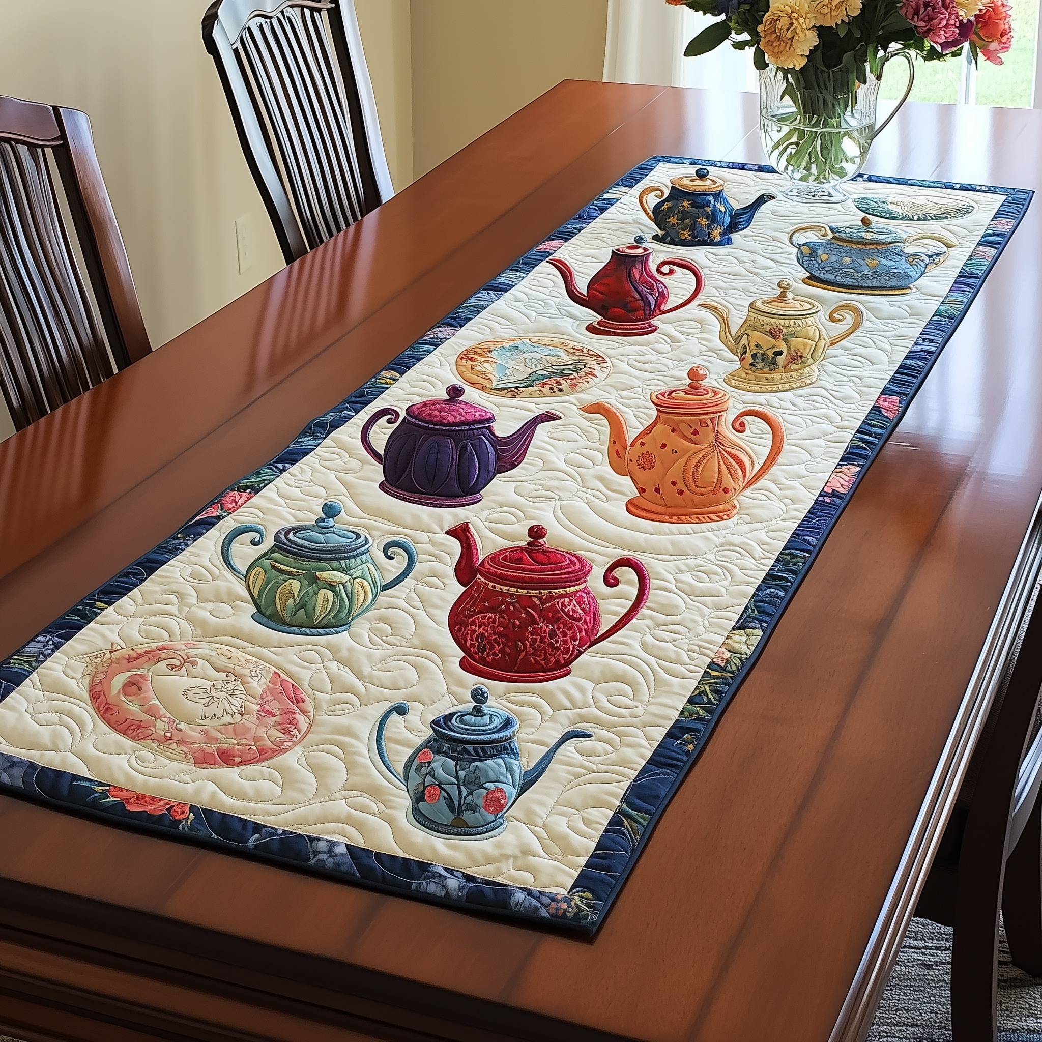 Colorful Teapot Quilted Table Runner Christmas Gifts For Tea Drinkers For Women