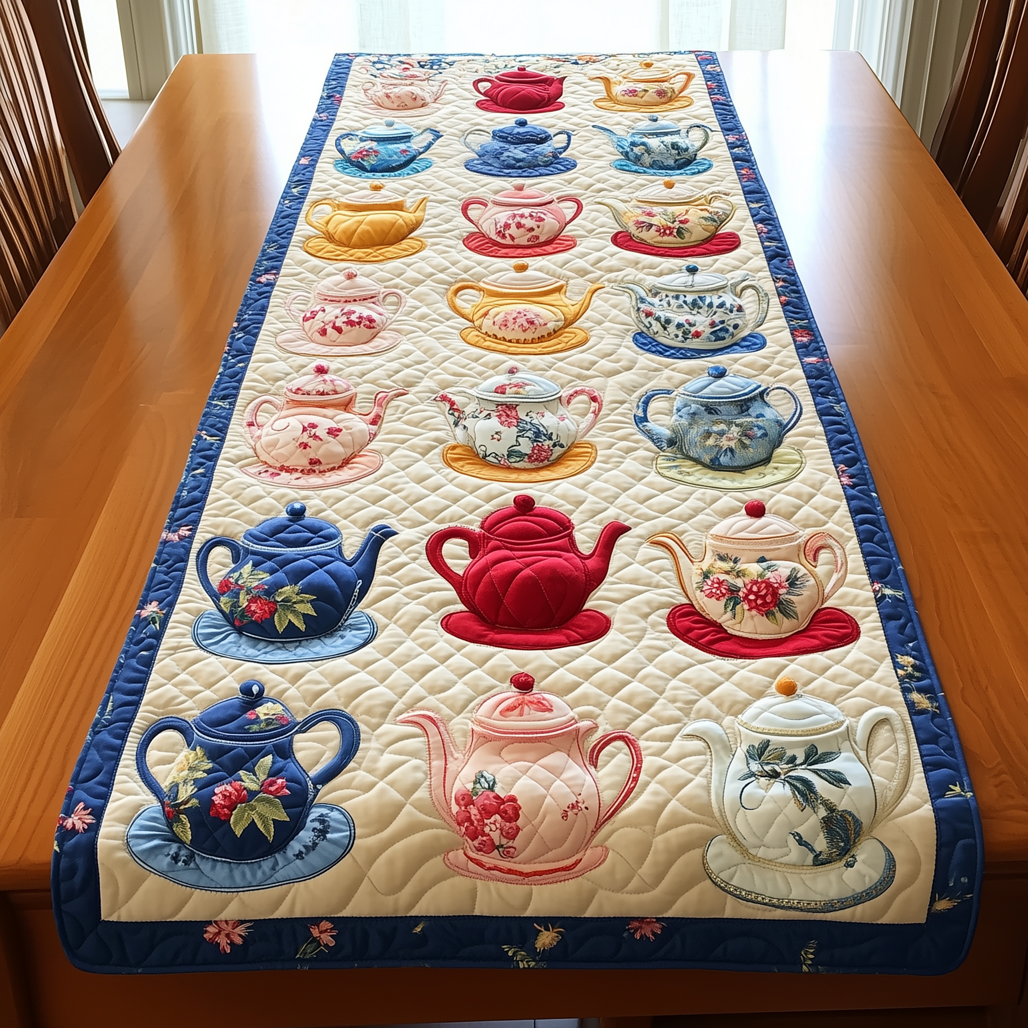 Colorful Teapot Quilted Table Runner Themed Christmas Gifts For Tea Drinkers Lover