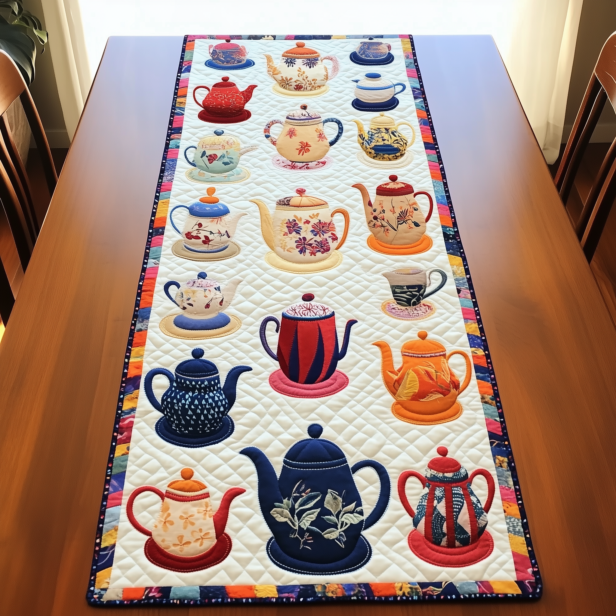 Colorful Teapot Quilted Table Runner Themed Christmas Gifts For Tea Drinkers Lover