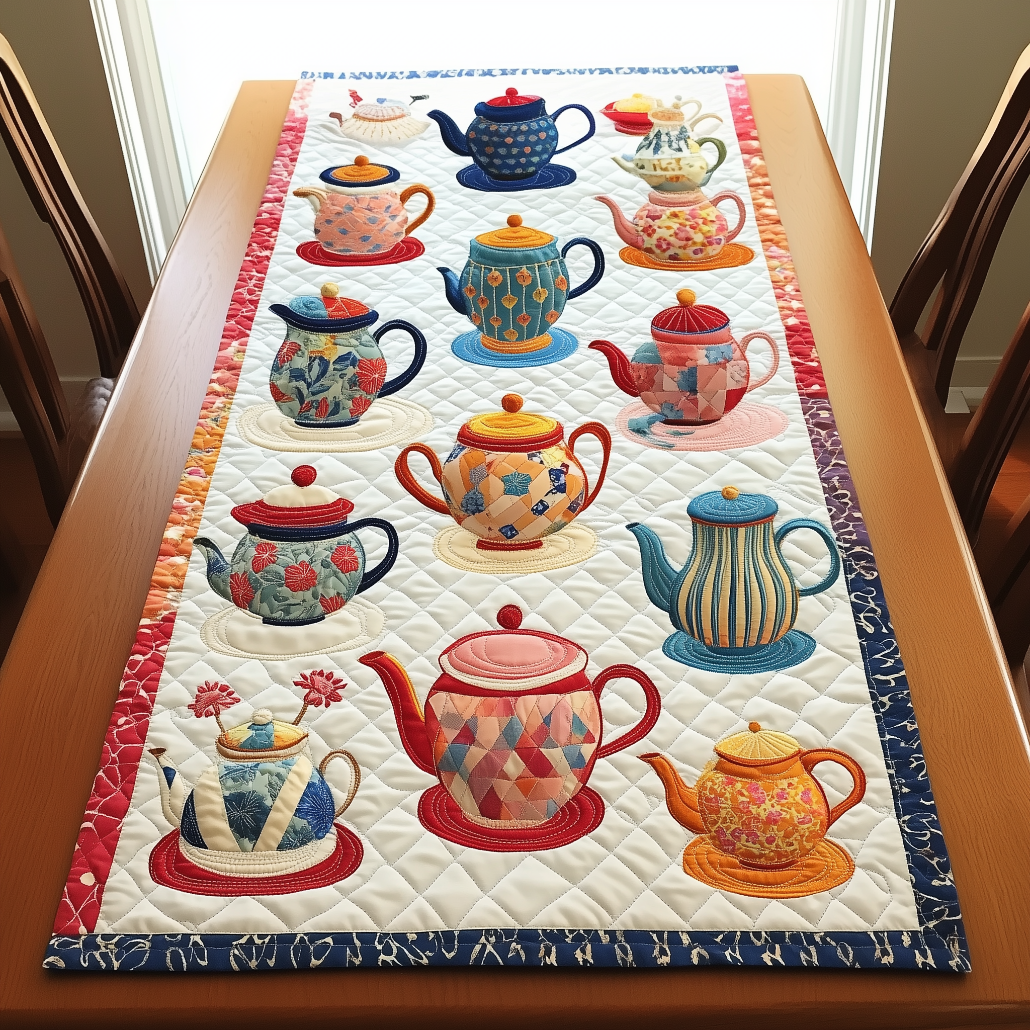 Colorful Teapot Quilted Table Runner Themed Christmas Gifts For Tea Drinkers Lovers Grandma