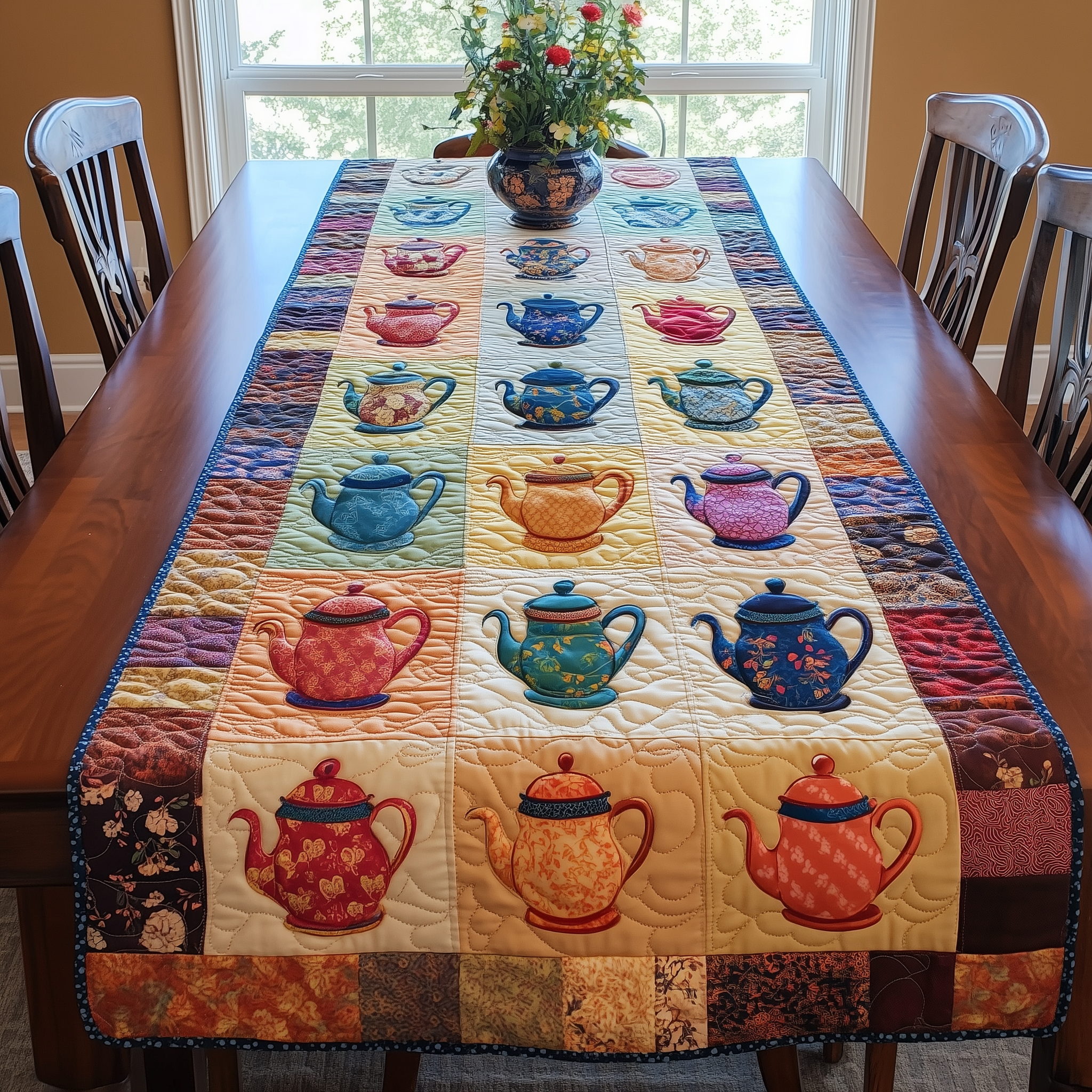 Colorful Teapots Quilted Table Runner Cute Modern Table Runner Items Christmas Gifts For Tea Lovers