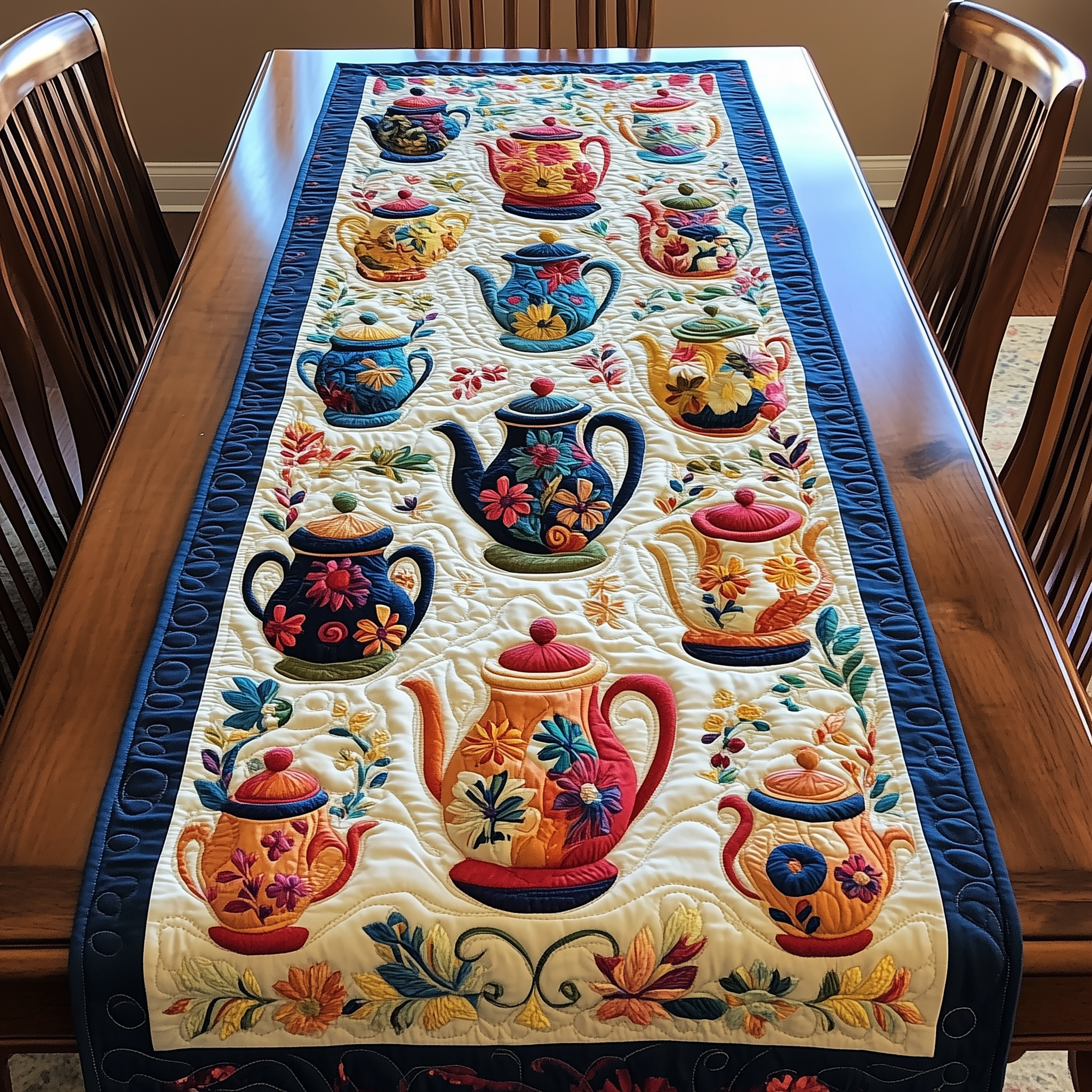 Colorful Teapots Quilted Table Runner Decorations Themed Merchandise Tea Holiday Gifts