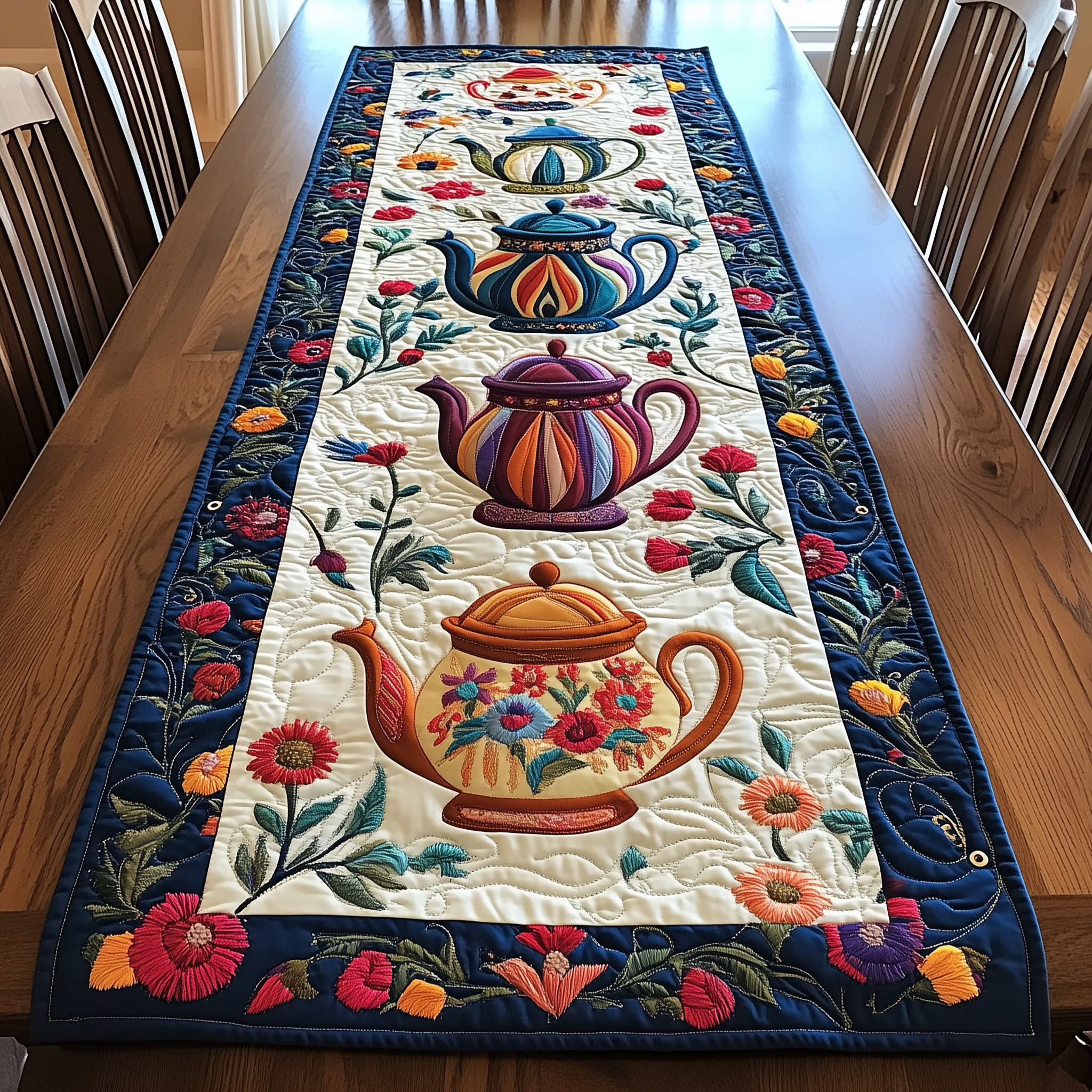 Colorful Teapots Quilted Table Runner Modern Dining Table Runner Holiday Tea Gifts