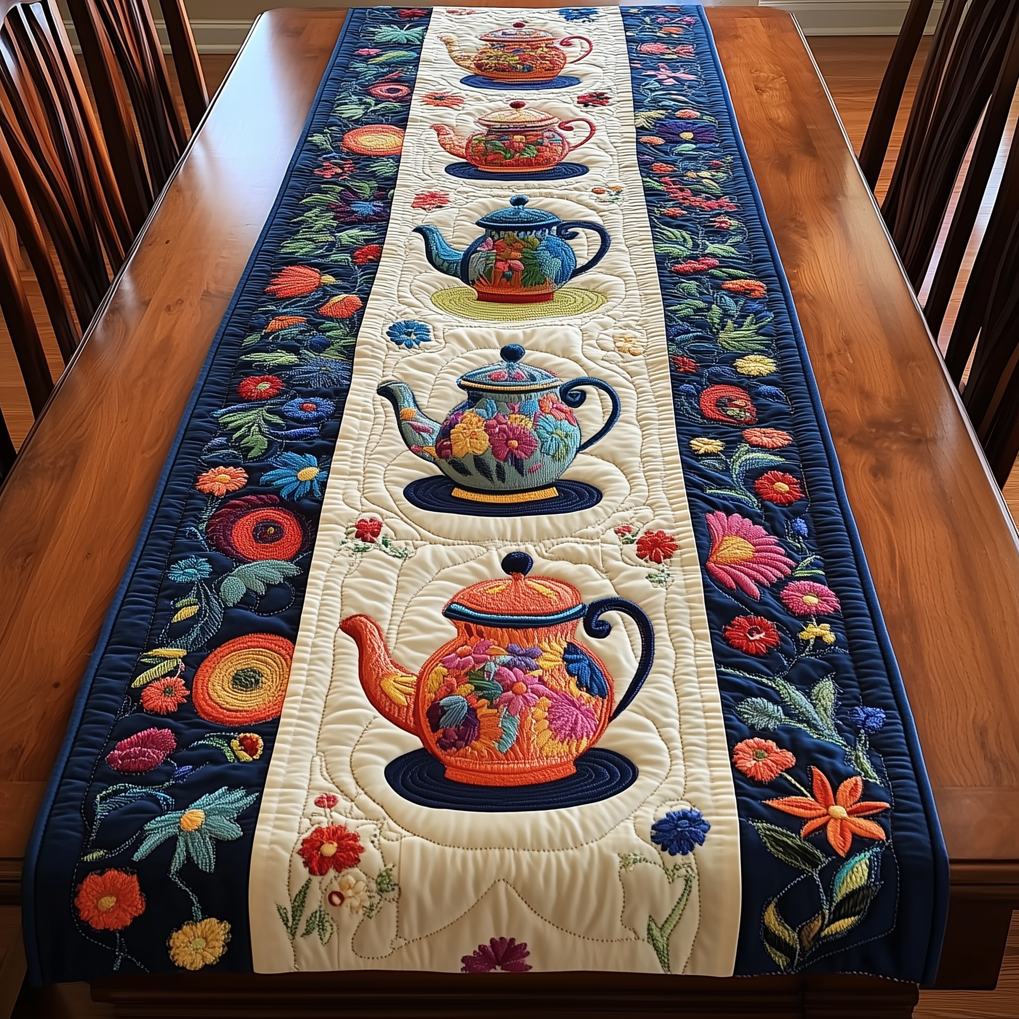 Colorful Teapots Quilted Table Runner Modern Dining Table Runner Holiday Tea Gifts