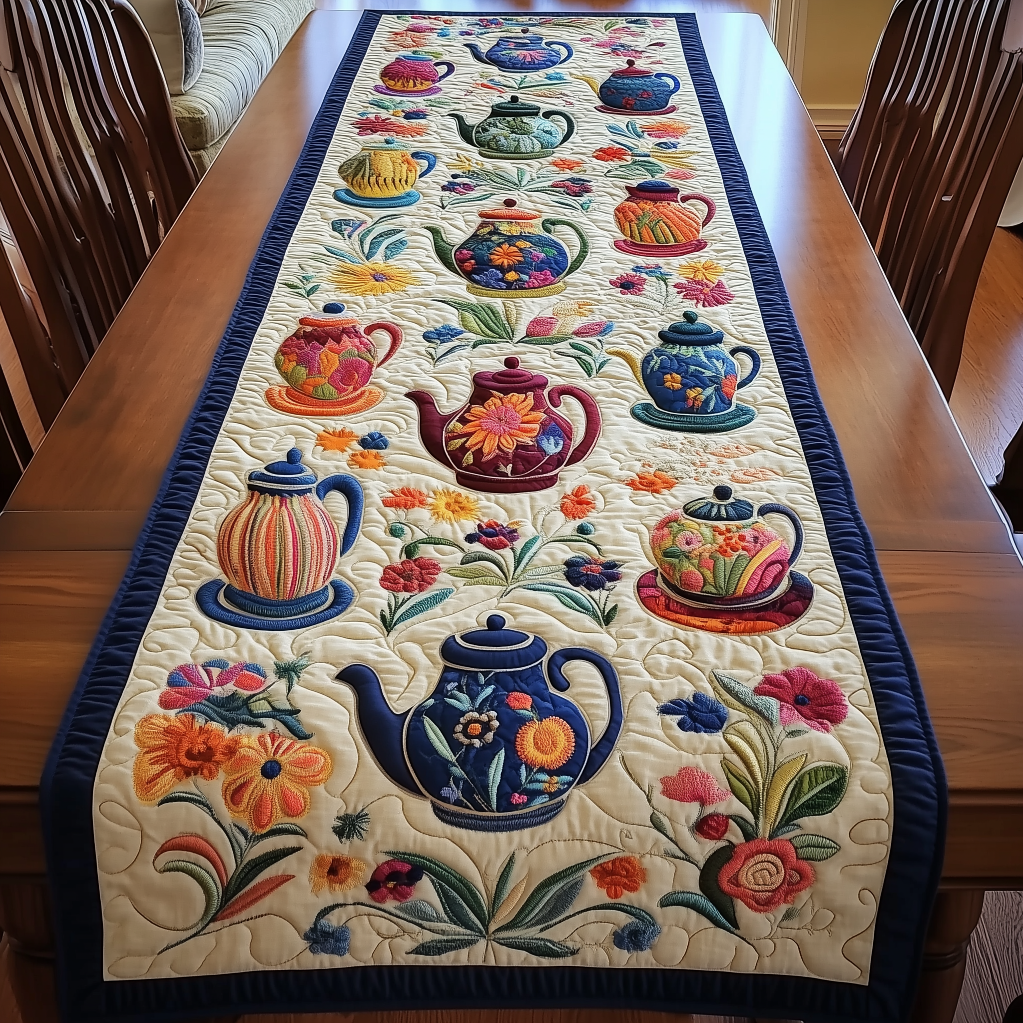 Colorful Teapots Quilted Table Runner Modern Dining Table Runner Holiday Tea Gifts